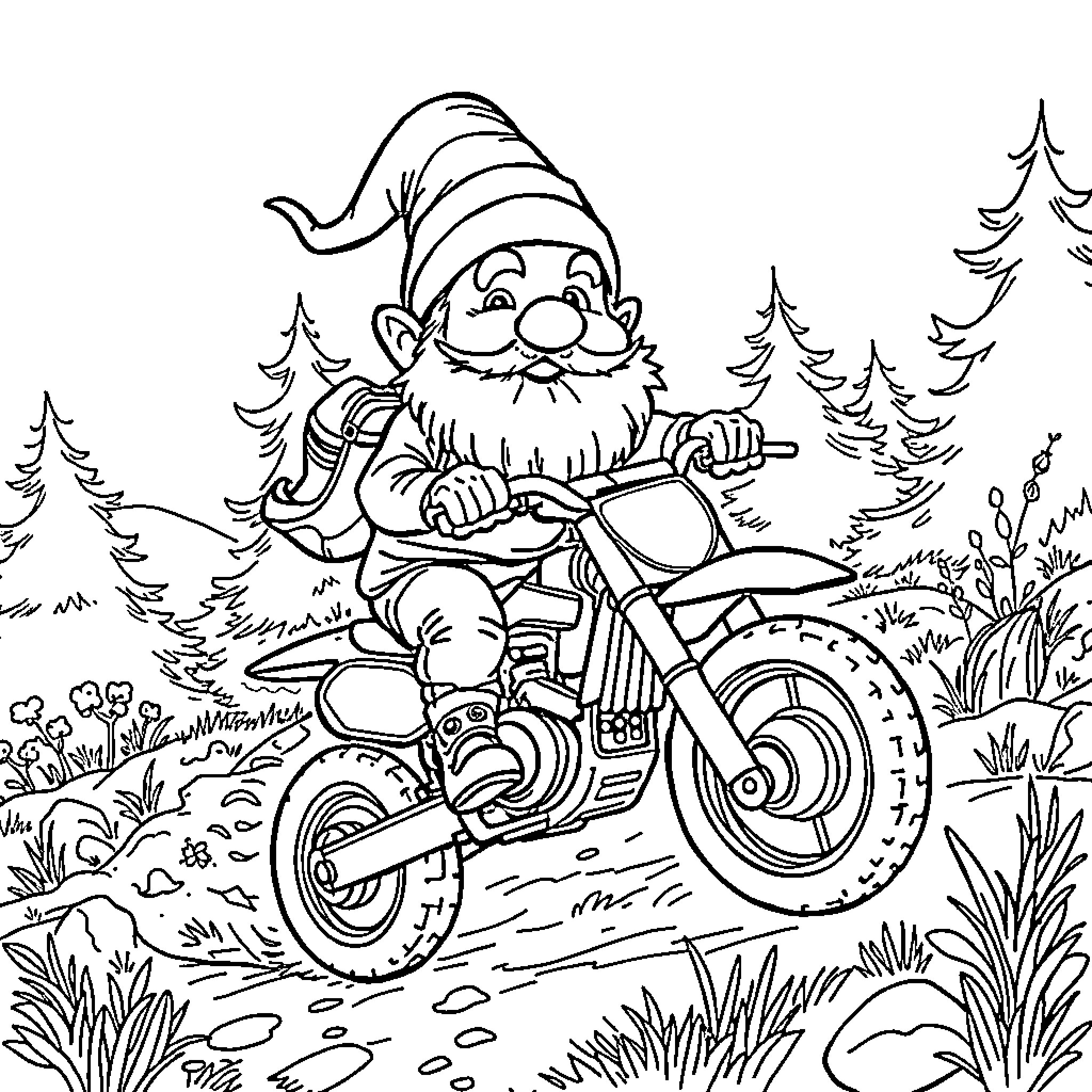 Gnome riding a motorcycle through the forest Coloring Page (free black-and-white line drawing printable PDF for all, from beginners to advanced learners, including children, teens, adults, and seniors)
