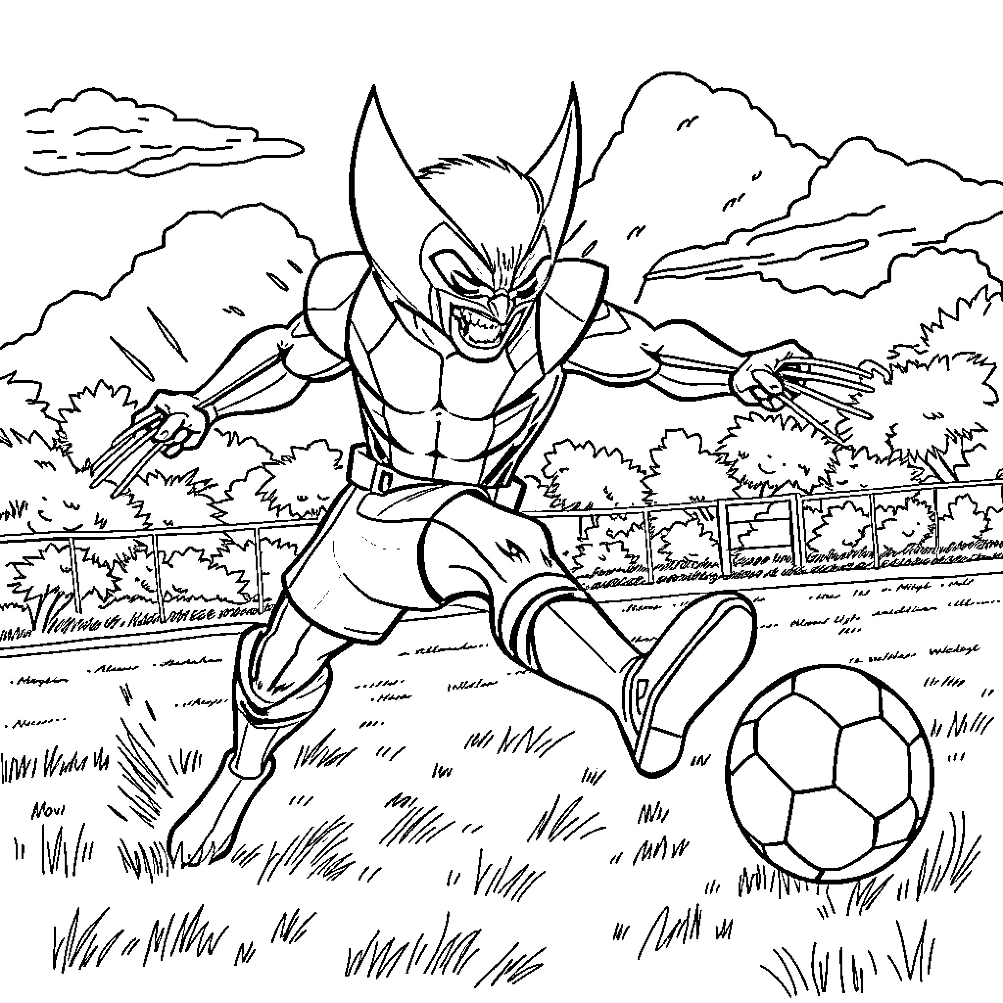 Wolverine playing football enthusiastically in the field Coloring Page (free black-and-white line drawing printable PDF for all, from beginners to advanced learners, including children, teens, adults, and seniors)
