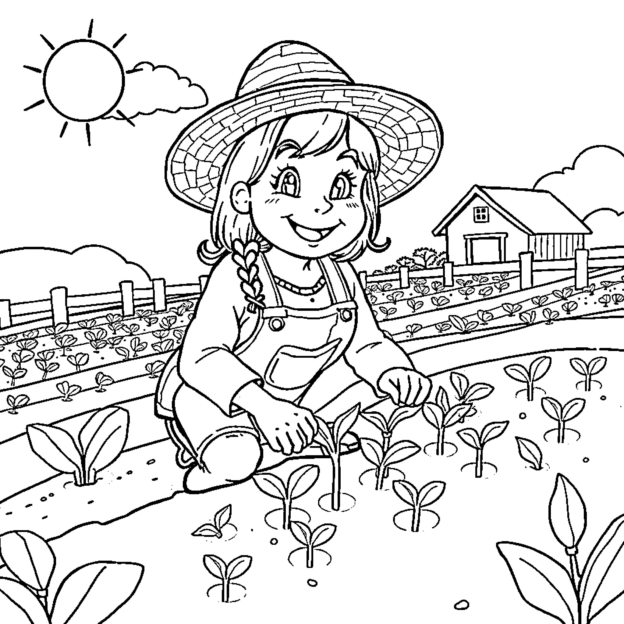 Abby Caddaby Joyfully Gardening on a Sunny Farm Coloring Page (free black-and-white line drawing printable PDF for all, from beginners to advanced learners, including children, teens, adults, and seniors)