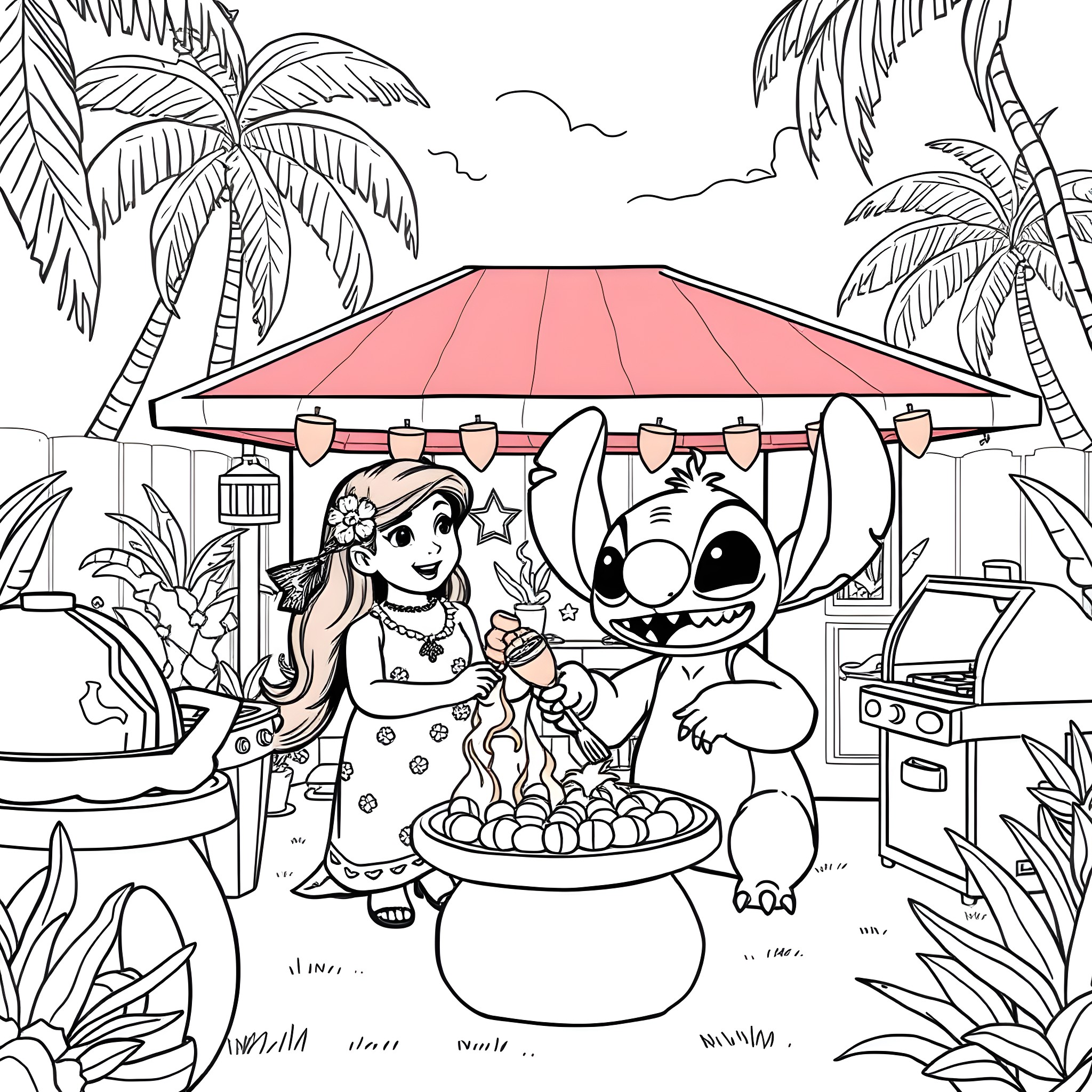 Lilo and Stitch enjoying a tropical island scene Coloring Page (free black-and-white line drawing printable PDF for all, from beginners to advanced learners, including children, teens, adults, and seniors)