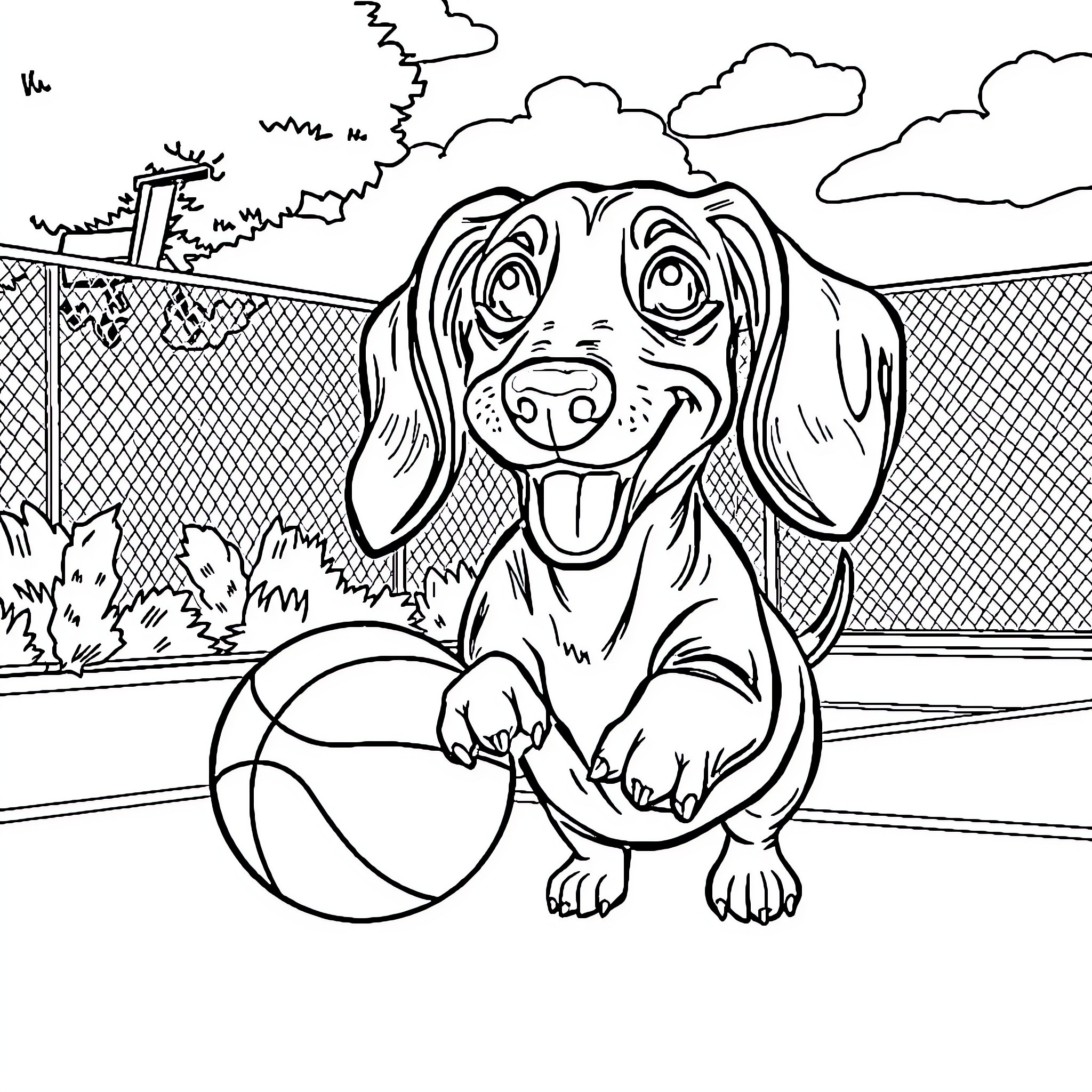 Dachshund playing with ball in backyard Coloring Page (free black-and-white line drawing printable PDF for all, from beginners to advanced learners, including children, teens, adults, and seniors)