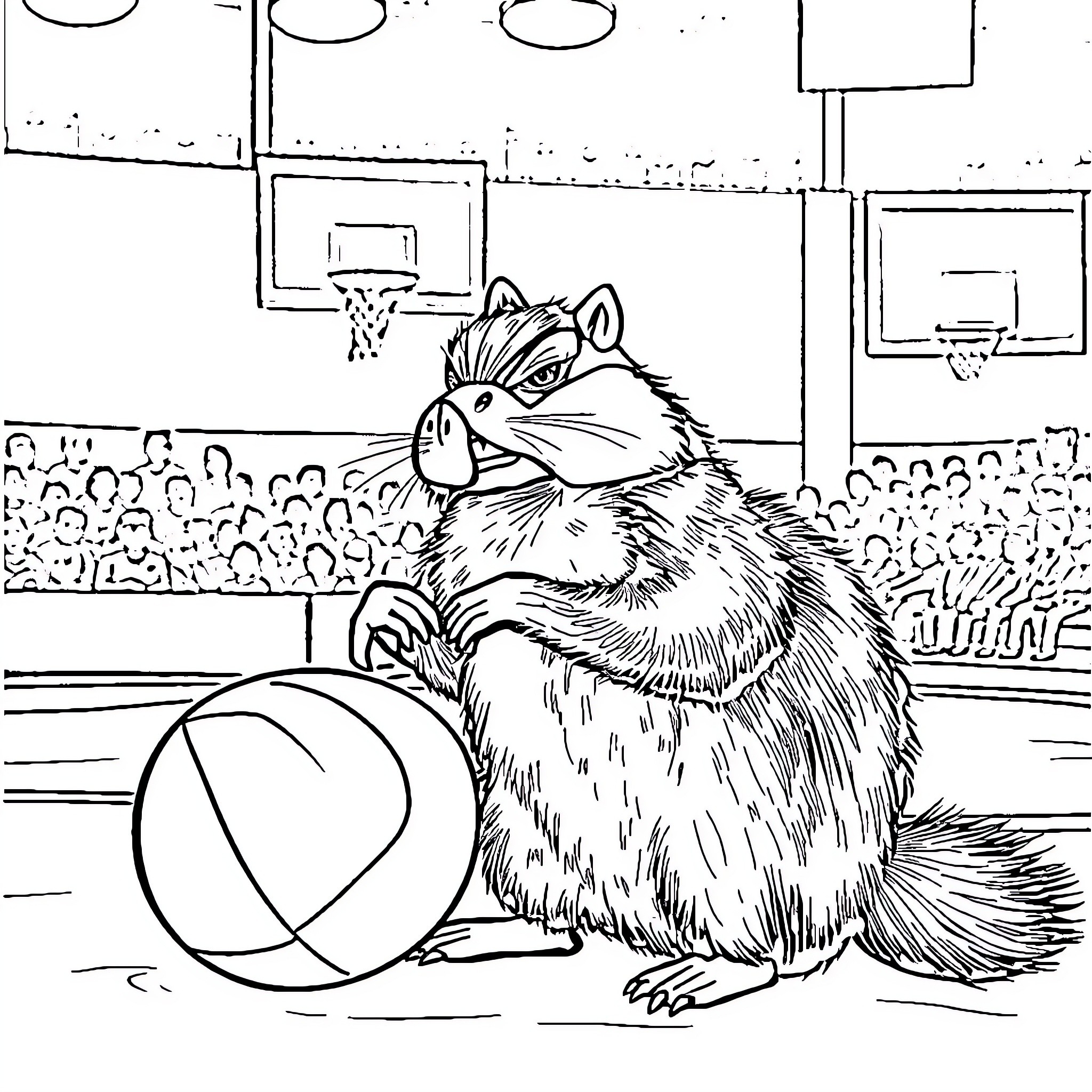Duck playing basketball in a sports arena Coloring Page (free black-and-white line drawing printable PDF for all, from beginners to advanced learners, including children, teens, adults, and seniors)
