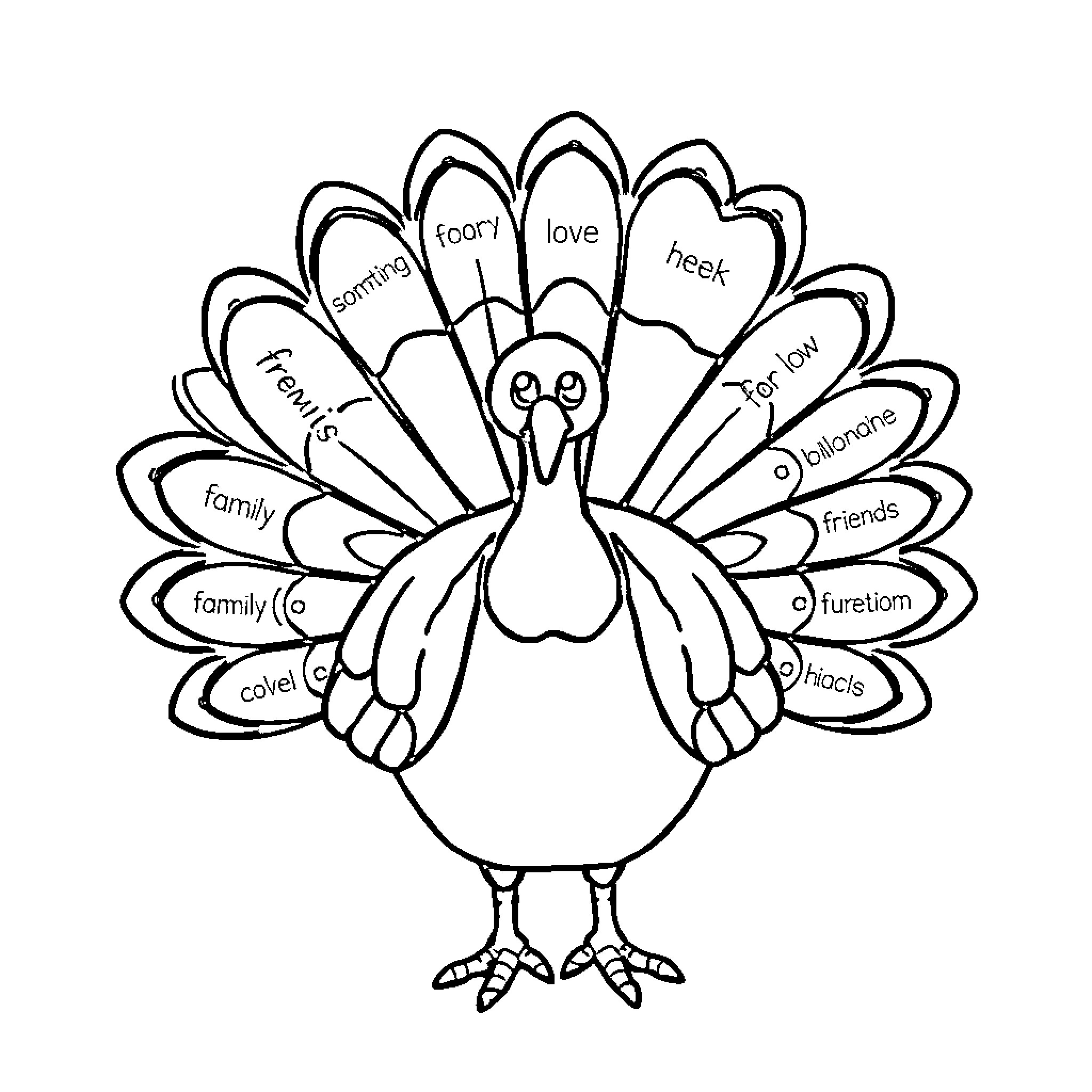 Turkey with Thanksgiving-themed text and design Coloring Page (free black-and-white line drawing printable PDF for all, from beginners to advanced learners, including children, teens, adults, and seniors)