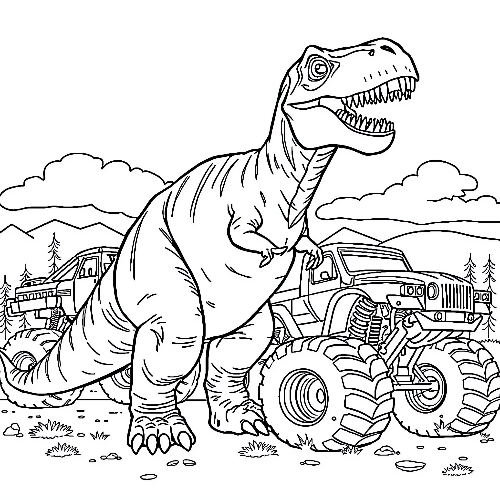 Dinosaur chases monster truck in the wild Coloring Page (free black-and-white line drawing printable PDF for all, from beginners to advanced learners, including children, teens, adults, and seniors)