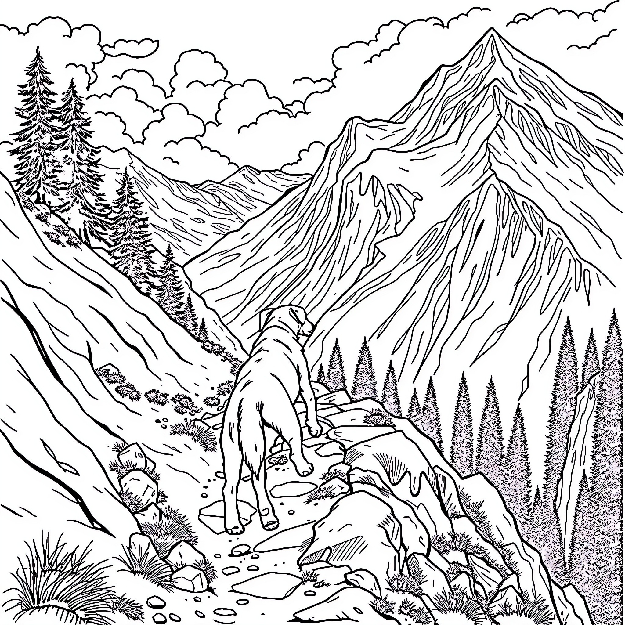 Dog exploring mountain landscape Coloring Page (free black-and-white line drawing printable PDF for all, from beginners to advanced learners, including children, teens, adults, and seniors)