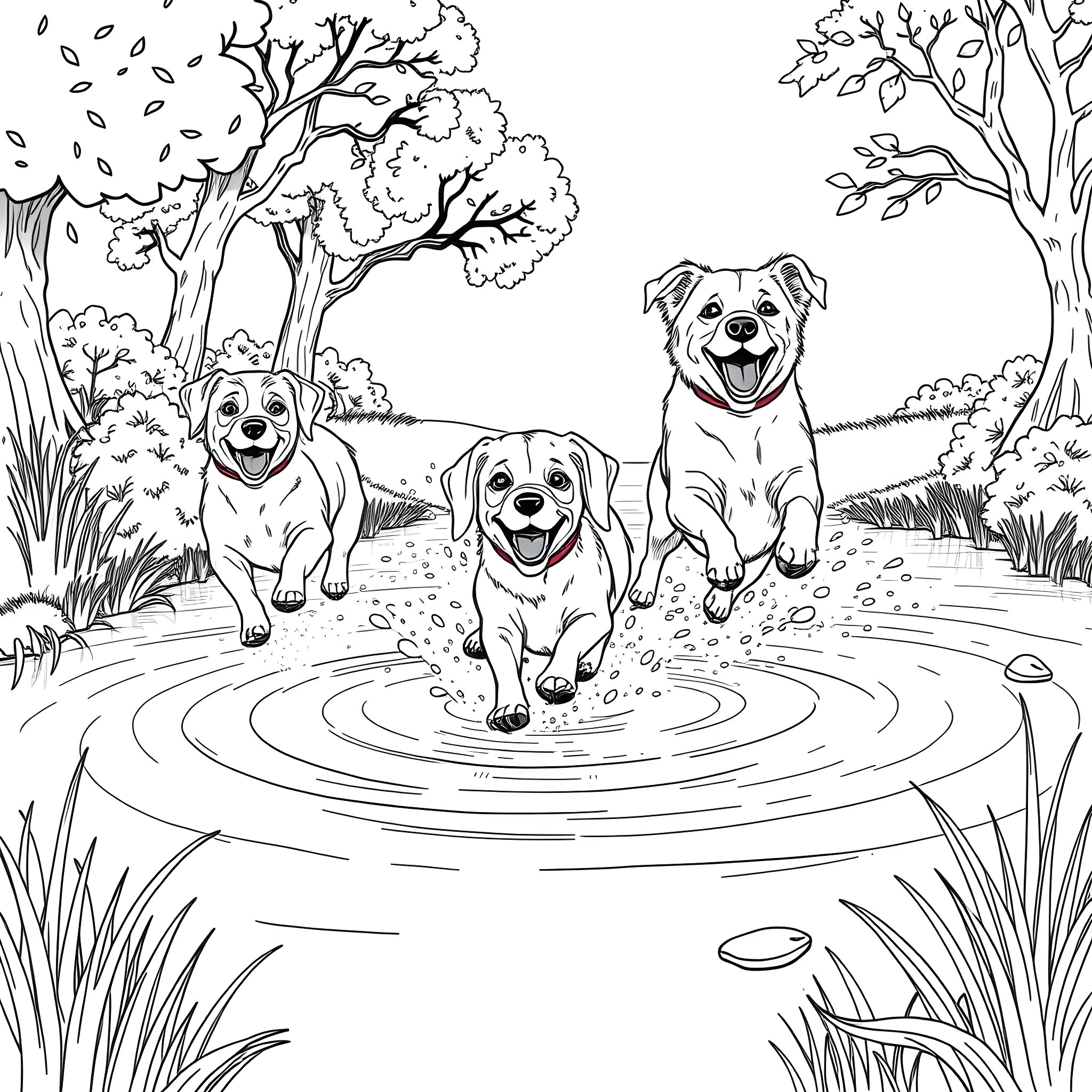 Dogs playing joyfully in the forest Coloring Page (free black-and-white line drawing printable PDF for all, from beginners to advanced learners, including children, teens, adults, and seniors)
