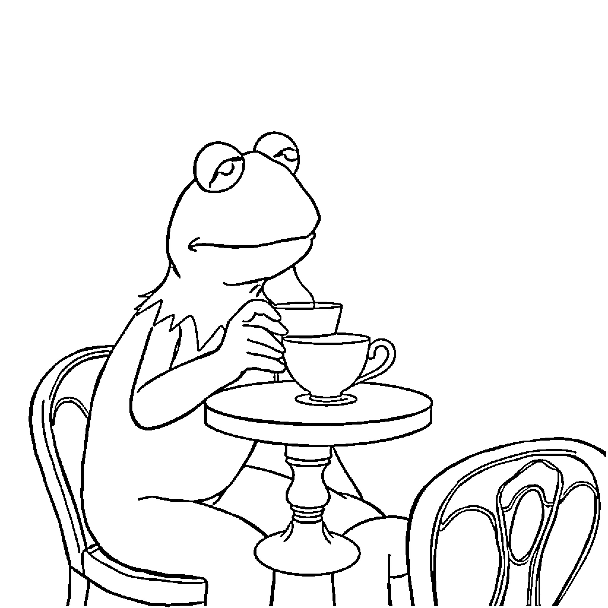 Kermit enjoying a cup of tea at a cafe Coloring Page (free black-and-white line drawing printable PDF for all, from beginners to advanced learners, including children, teens, adults, and seniors)