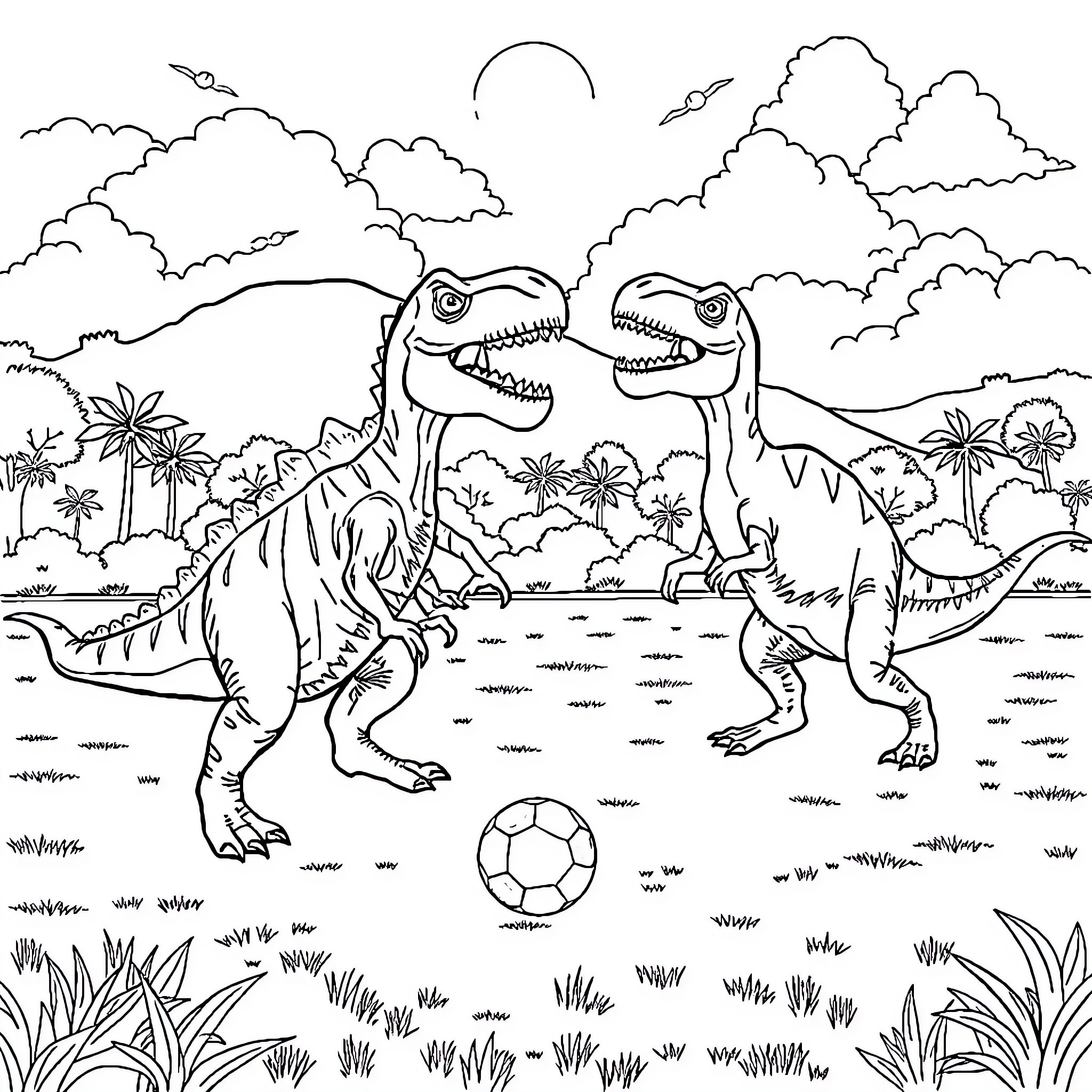 Dinosaurs playing a game on a tropical landscape Coloring Page (free black-and-white line drawing printable PDF for all, from beginners to advanced learners, including children, teens, adults, and seniors)