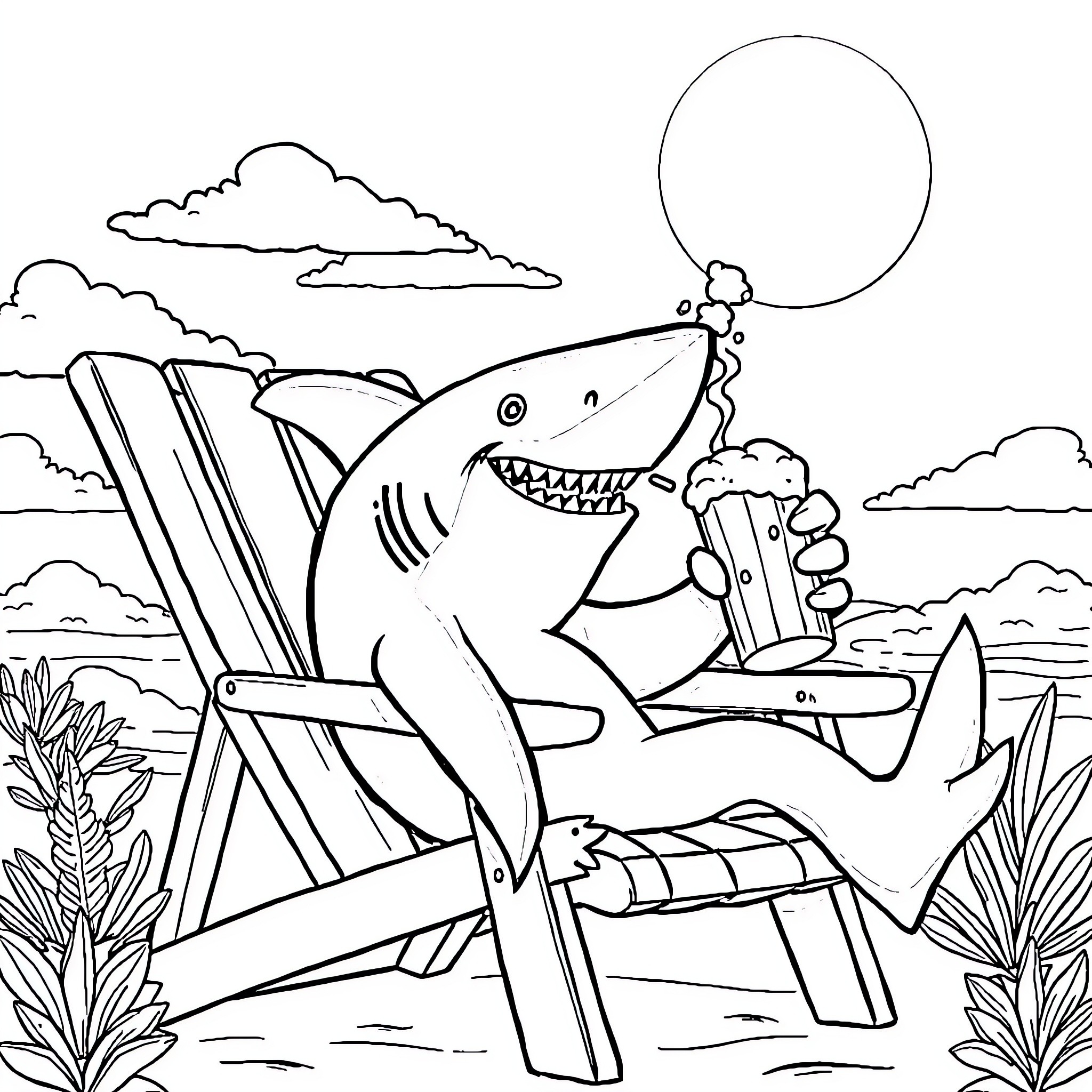 Shark relaxing on beach chair with balloon Coloring Page (free black-and-white line drawing printable PDF for all, from beginners to advanced learners, including children, teens, adults, and seniors)