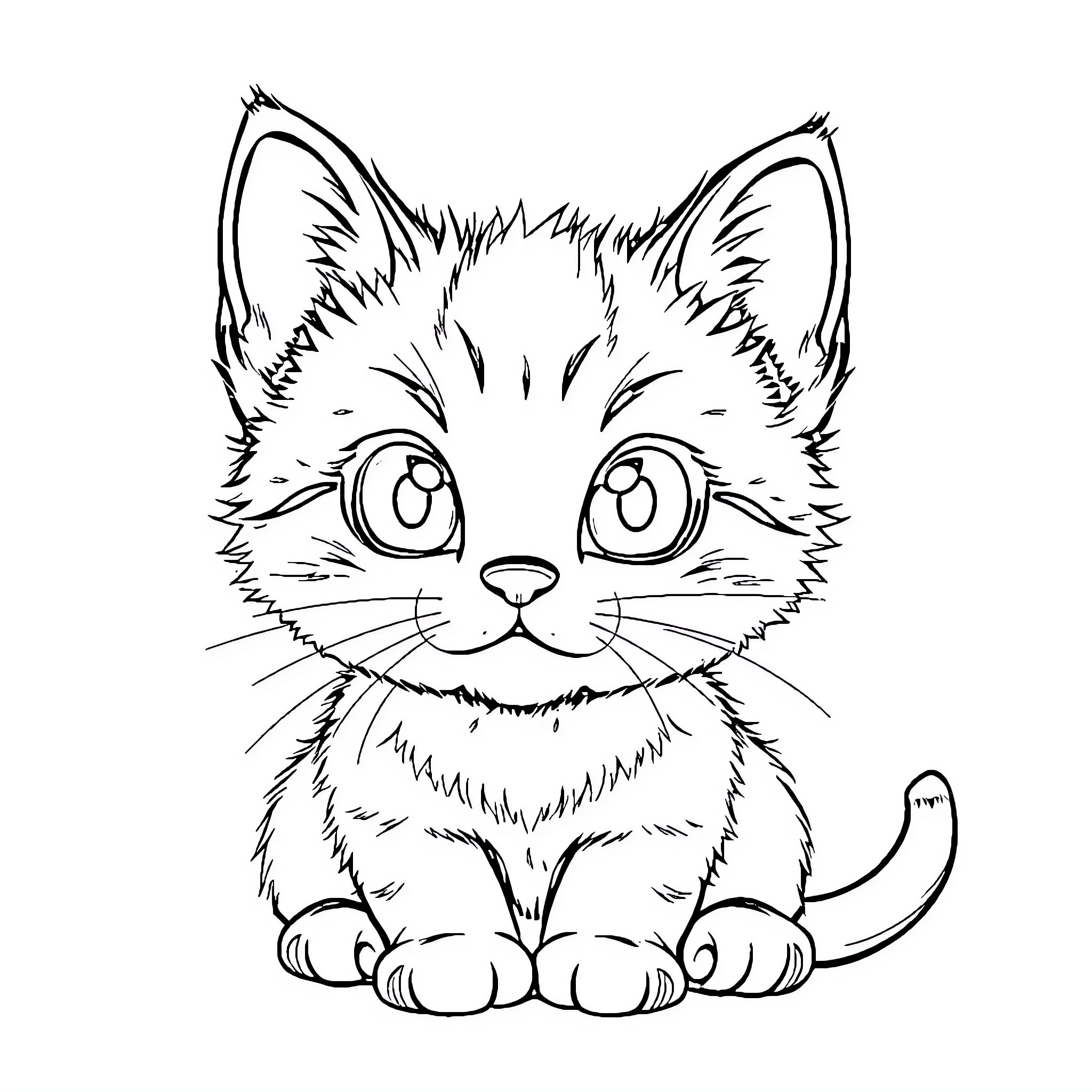 Kitty with big eyes and fluffy fur Coloring Page (free black-and-white line drawing printable PDF for all, from beginners to advanced learners, including children, teens, adults, and seniors)