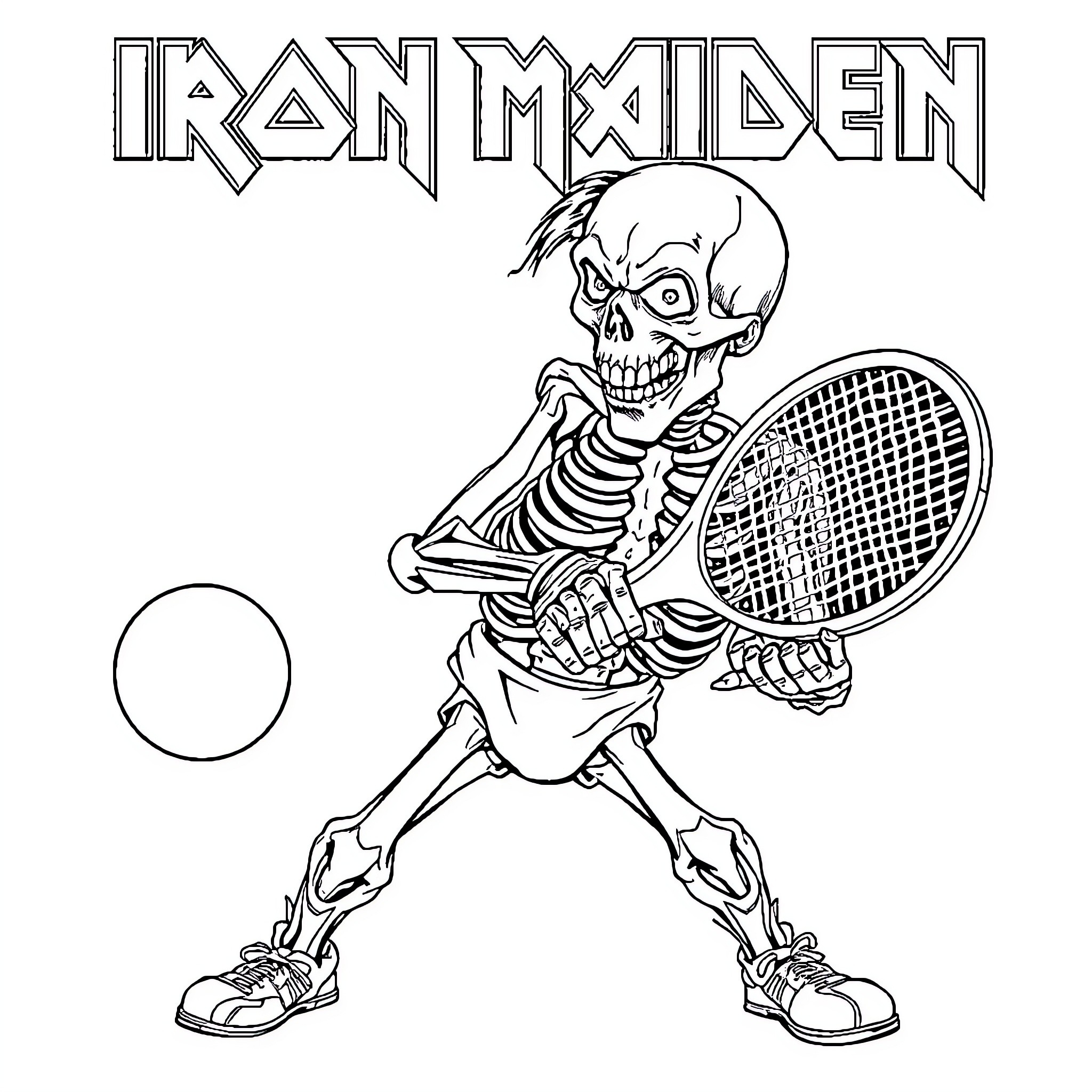 Eddie playing tennis with a skeleton Coloring Page (free black-and-white line drawing printable PDF for all, from beginners to advanced learners, including children, teens, adults, and seniors)