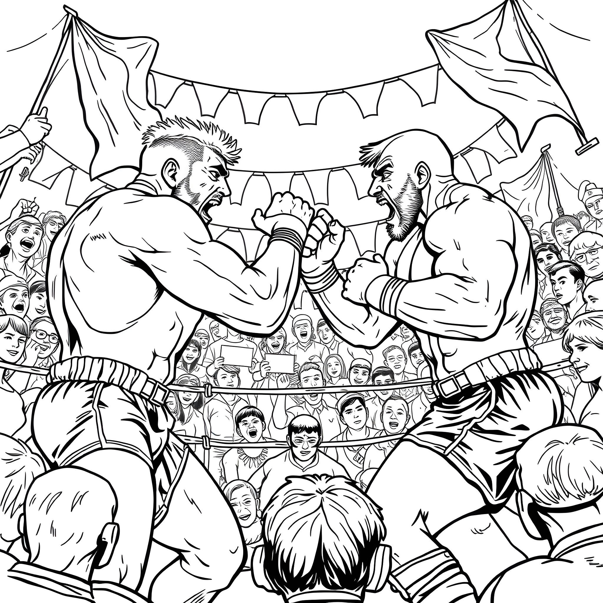 Wrestler Competitors Fiercely Battling in Arena Coloring Page (free black-and-white line drawing printable PDF for all, from beginners to advanced learners, including children, teens, adults, and seniors)