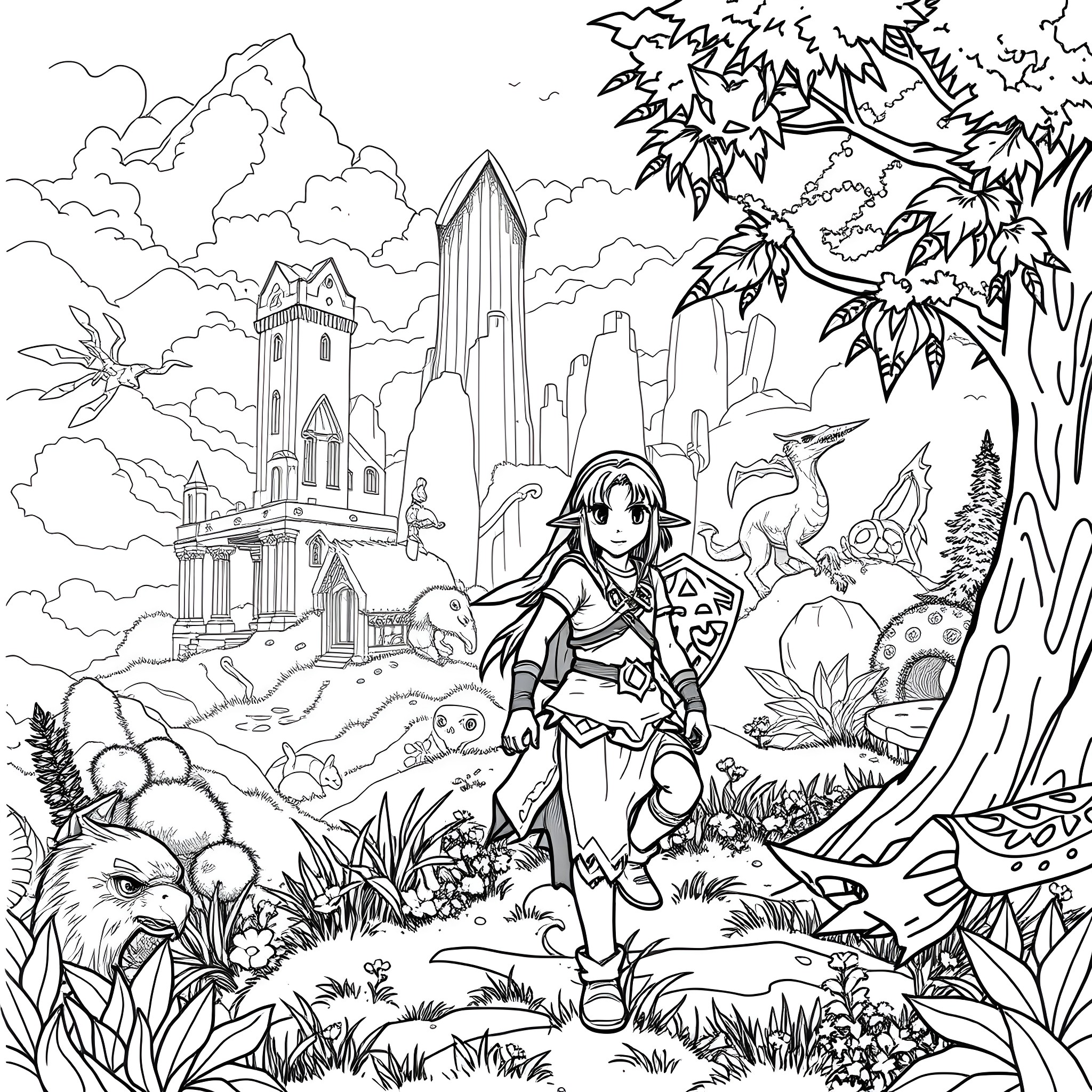 Link exploring the fantasy realm Coloring Page (free black-and-white line drawing printable PDF for all, from beginners to advanced learners, including children, teens, adults, and seniors)