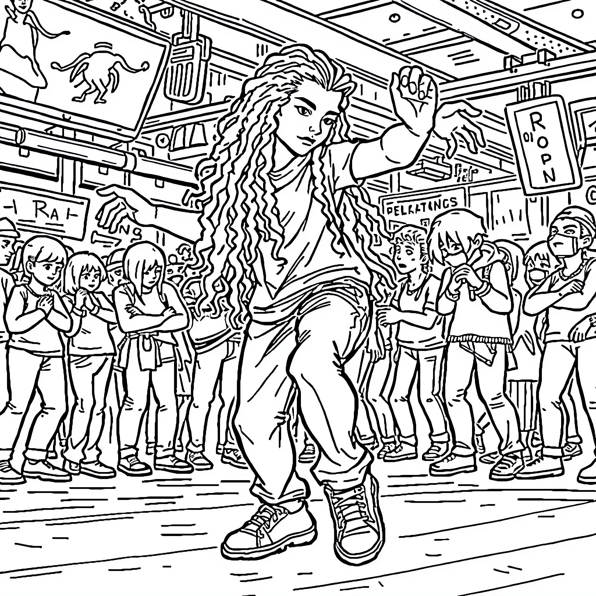 Raiponce dancing freely in a lively crowd Coloring Page (free black-and-white line drawing printable PDF for all, from beginners to advanced learners, including children, teens, adults, and seniors)