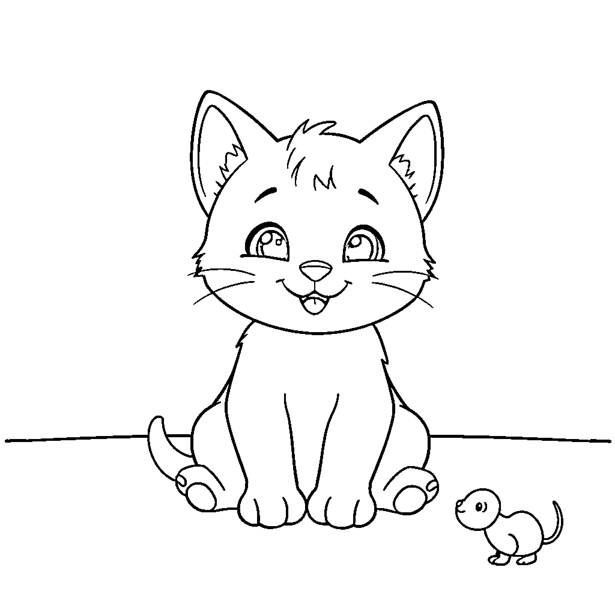 Cat and Mouse Cartoon Coloring Page (free black-and-white line drawing printable PDF for all, from beginners to advanced learners, including children, teens, adults, and seniors)