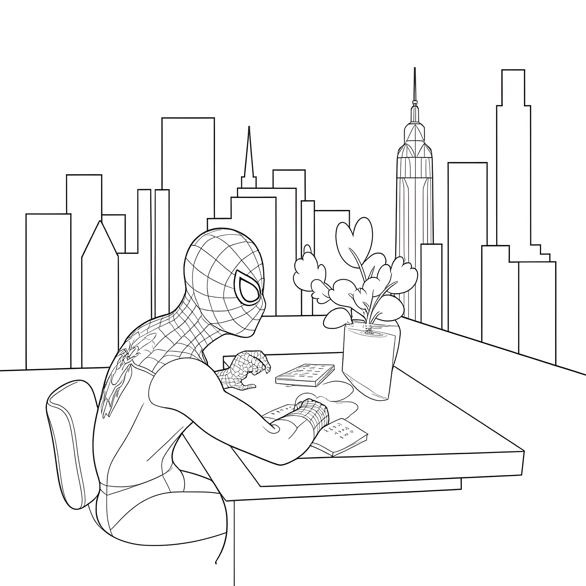 Spiderman Studying and Working in the City Coloring Page (free black-and-white line drawing printable PDF for all, from beginners to advanced learners, including children, teens, adults, and seniors)