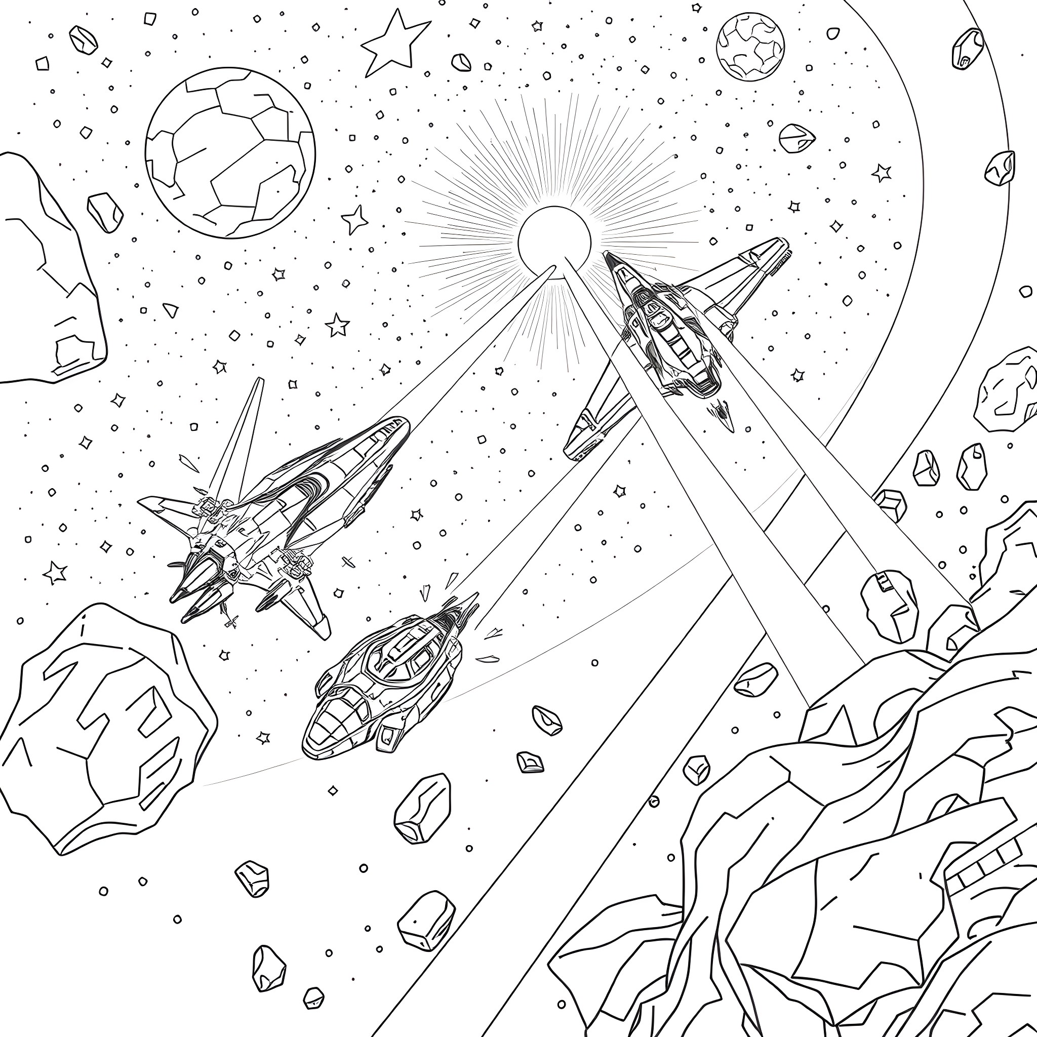 Alien ships exploring the cosmic universe Coloring Page (free black-and-white line drawing printable PDF for all, from beginners to advanced learners, including children, teens, adults, and seniors)