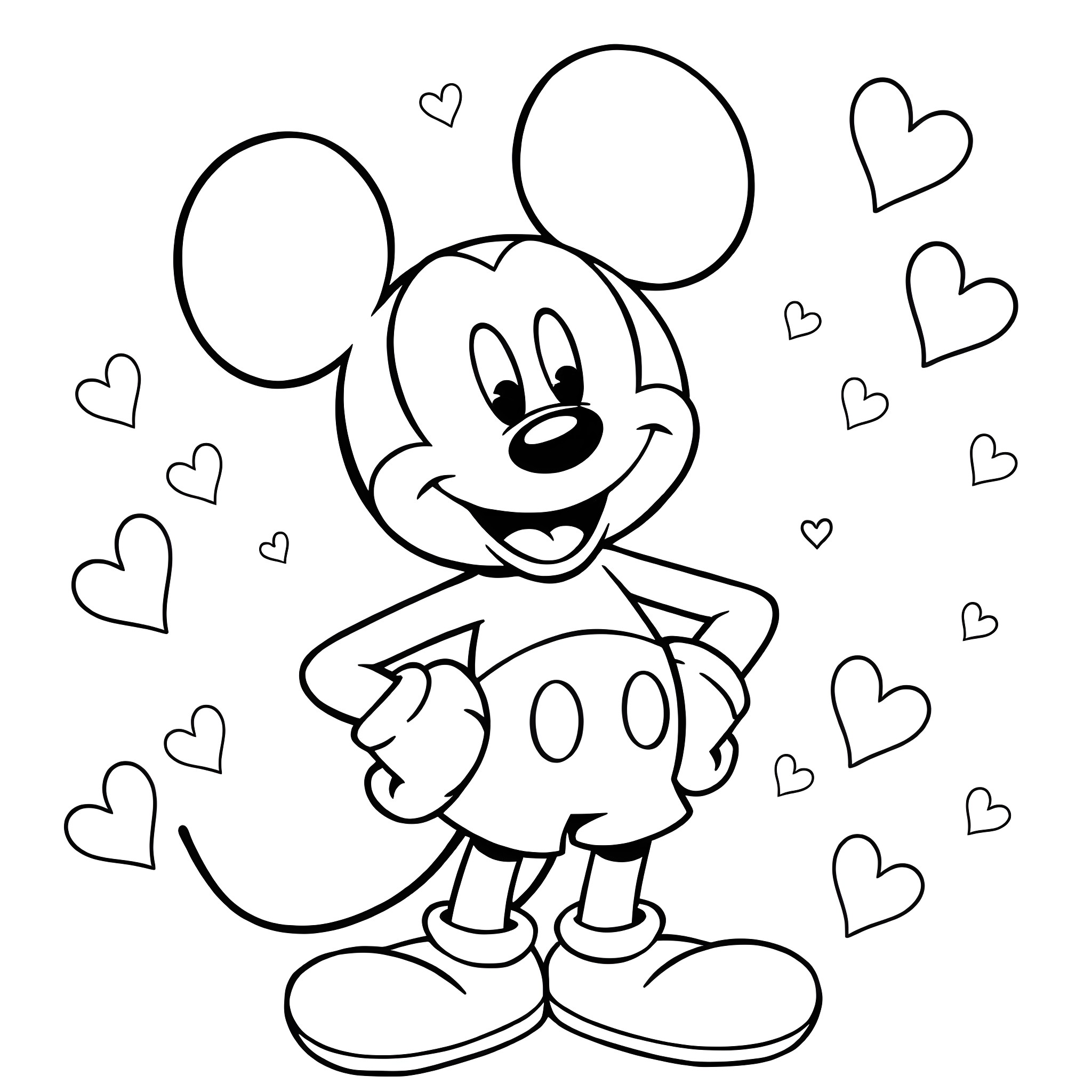 Mickey Mouse expressing joy and love Coloring Page (free black-and-white line drawing printable PDF for all, from beginners to advanced learners, including children, teens, adults, and seniors)