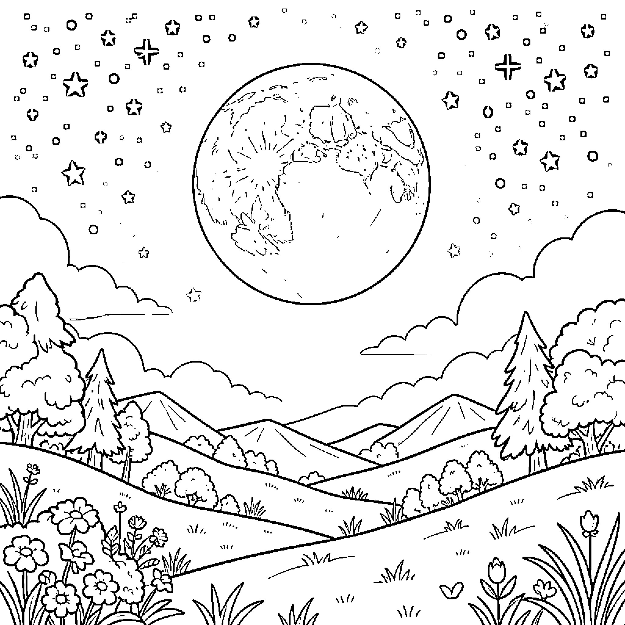 Moon shining brightly over peaceful mountain landscape Coloring Page (free black-and-white line drawing printable PDF for all, from beginners to advanced learners, including children, teens, adults, and seniors)
