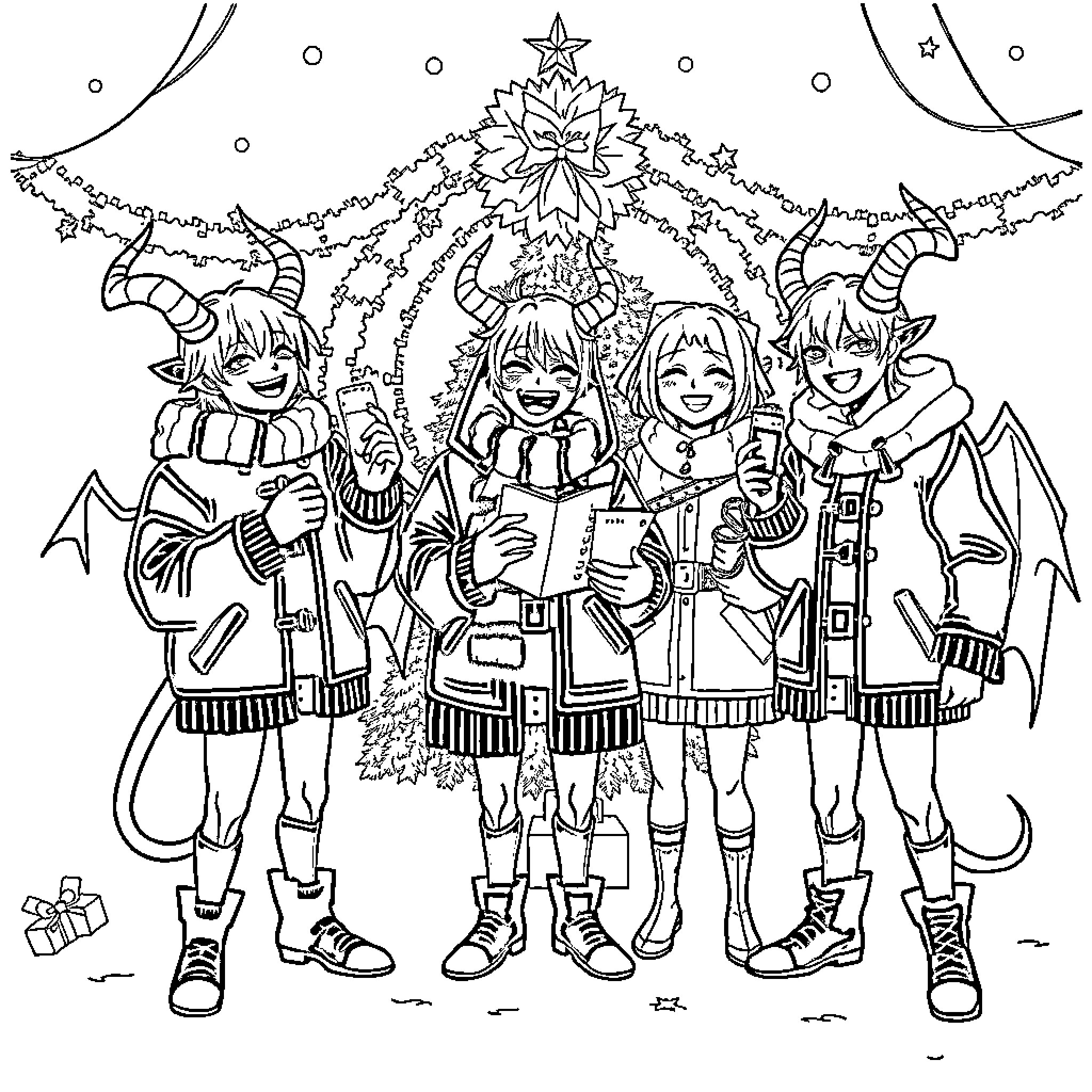 K-POP Demon Hunters Celebrate the Holidays with Festive Outfits Coloring Page (free black-and-white line drawing printable PDF for all, from beginners to advanced learners, including children, teens, adults, and seniors)