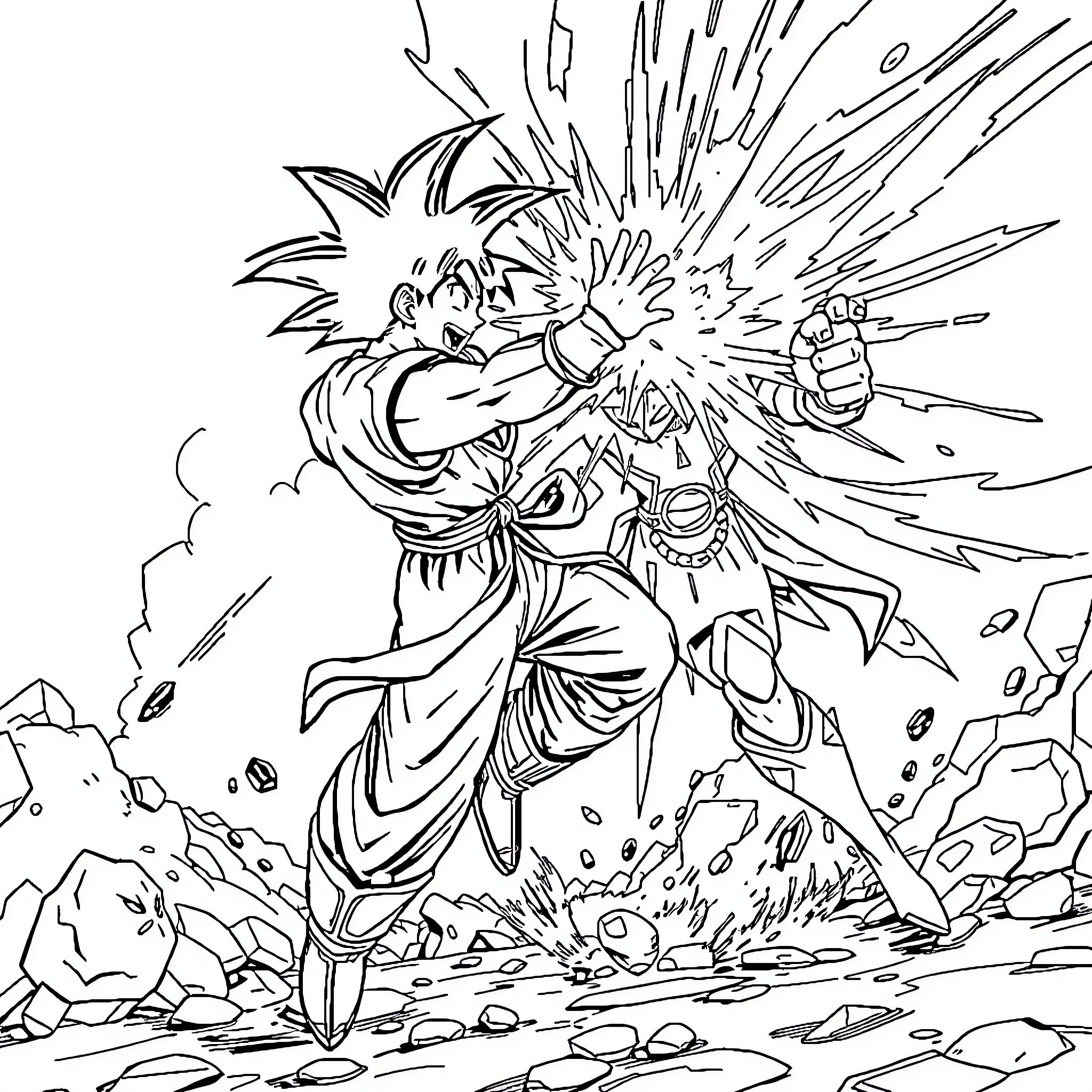 Goku's powerful energy blast in an epic battle Coloring Page (free black-and-white line drawing printable PDF for all, from beginners to advanced learners, including children, teens, adults, and seniors)