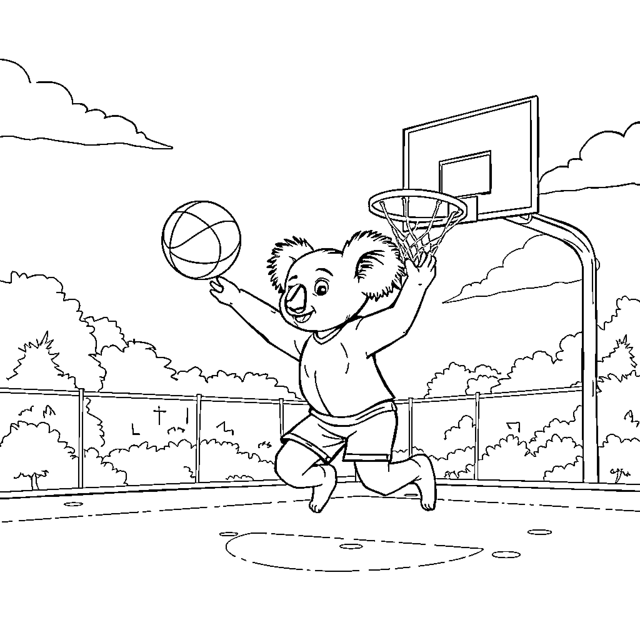 Koala playing basketball on a court Coloring Page (free black-and-white line drawing printable PDF for all, from beginners to advanced learners, including children, teens, adults, and seniors)