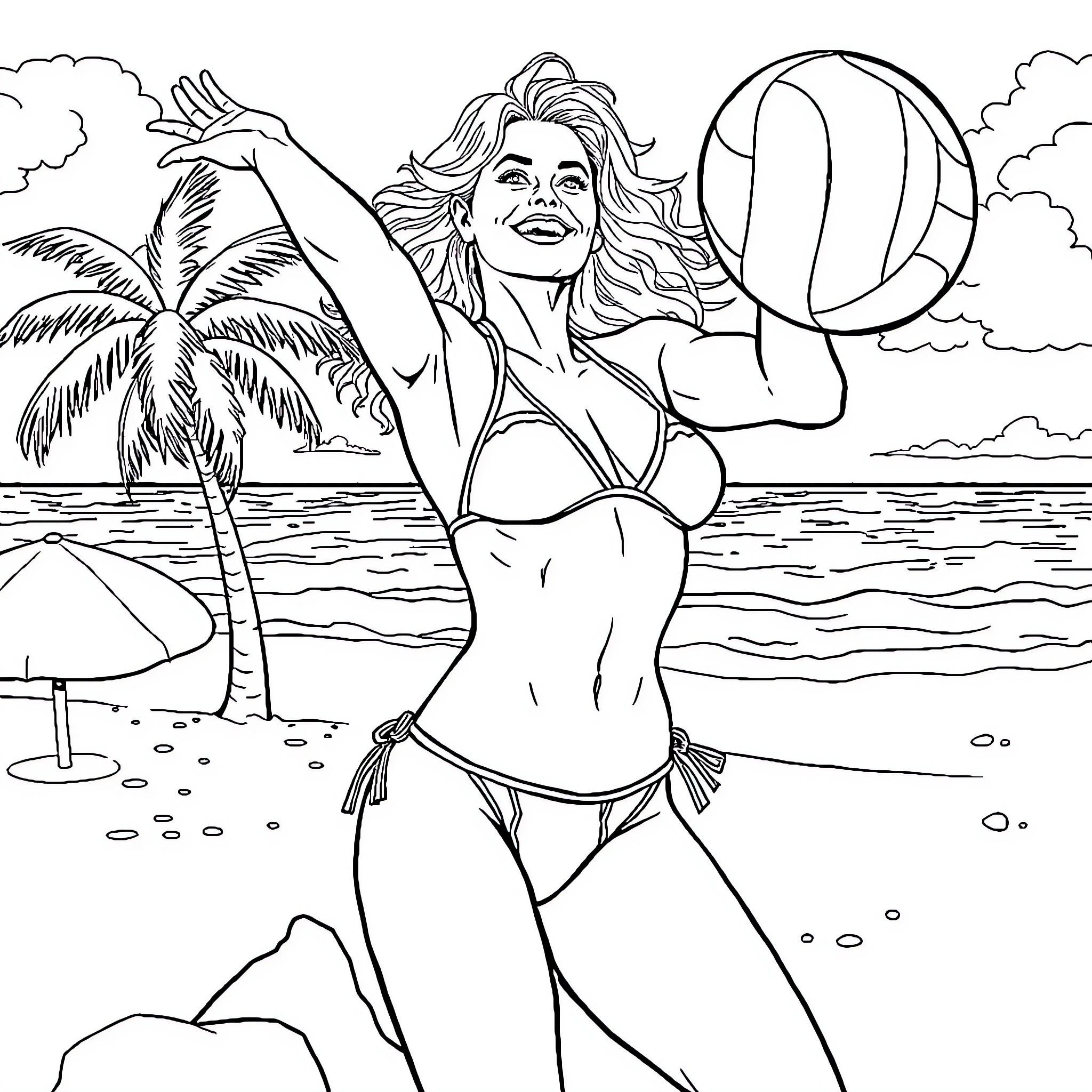 Pamela Anderson enjoying a beach day Coloring Page (free black-and-white line drawing printable PDF for all, from beginners to advanced learners, including children, teens, adults, and seniors)