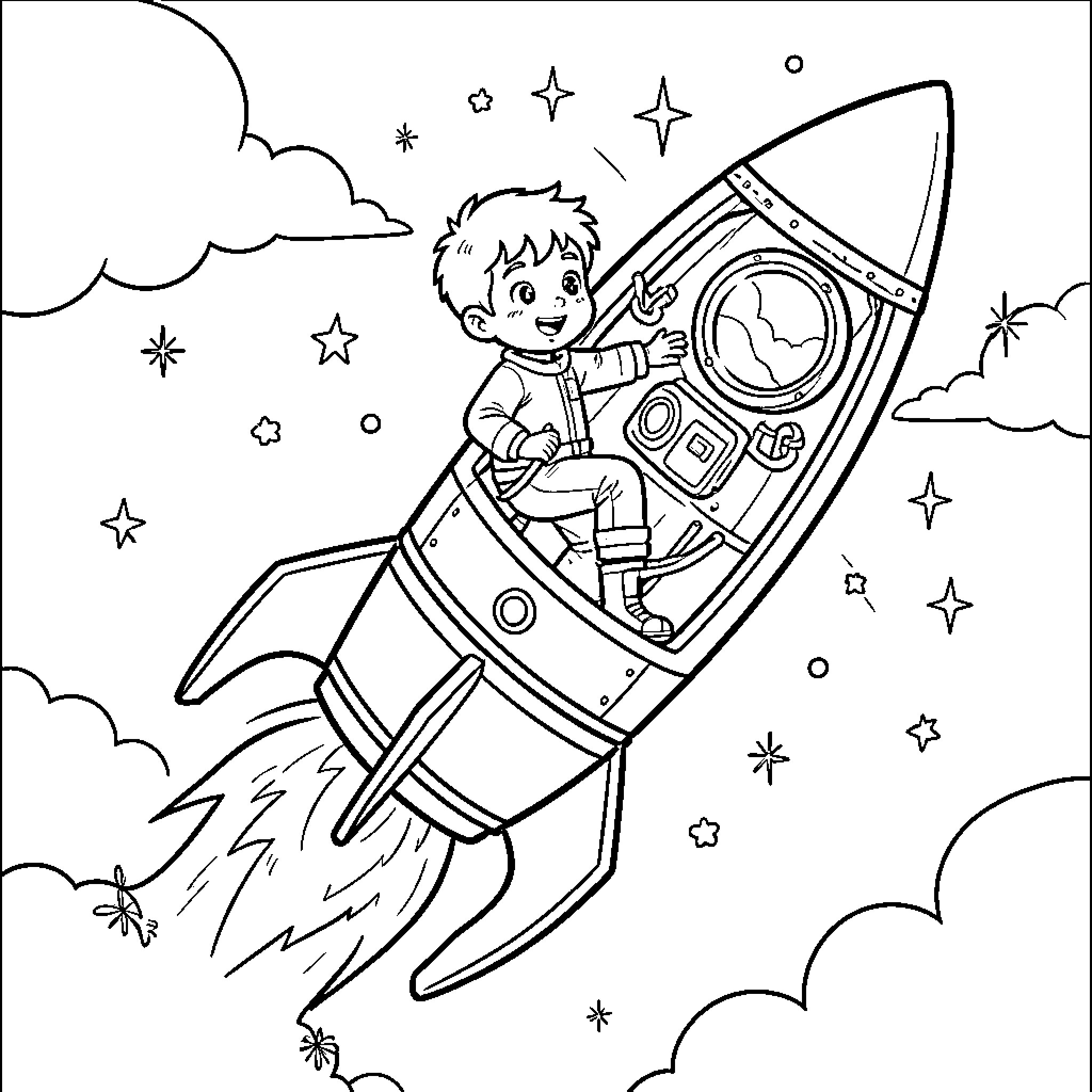 Baptiste smiling while flying in a rocket ship Coloring Page (free black-and-white line drawing printable PDF for all, from beginners to advanced learners, including children, teens, adults, and seniors)