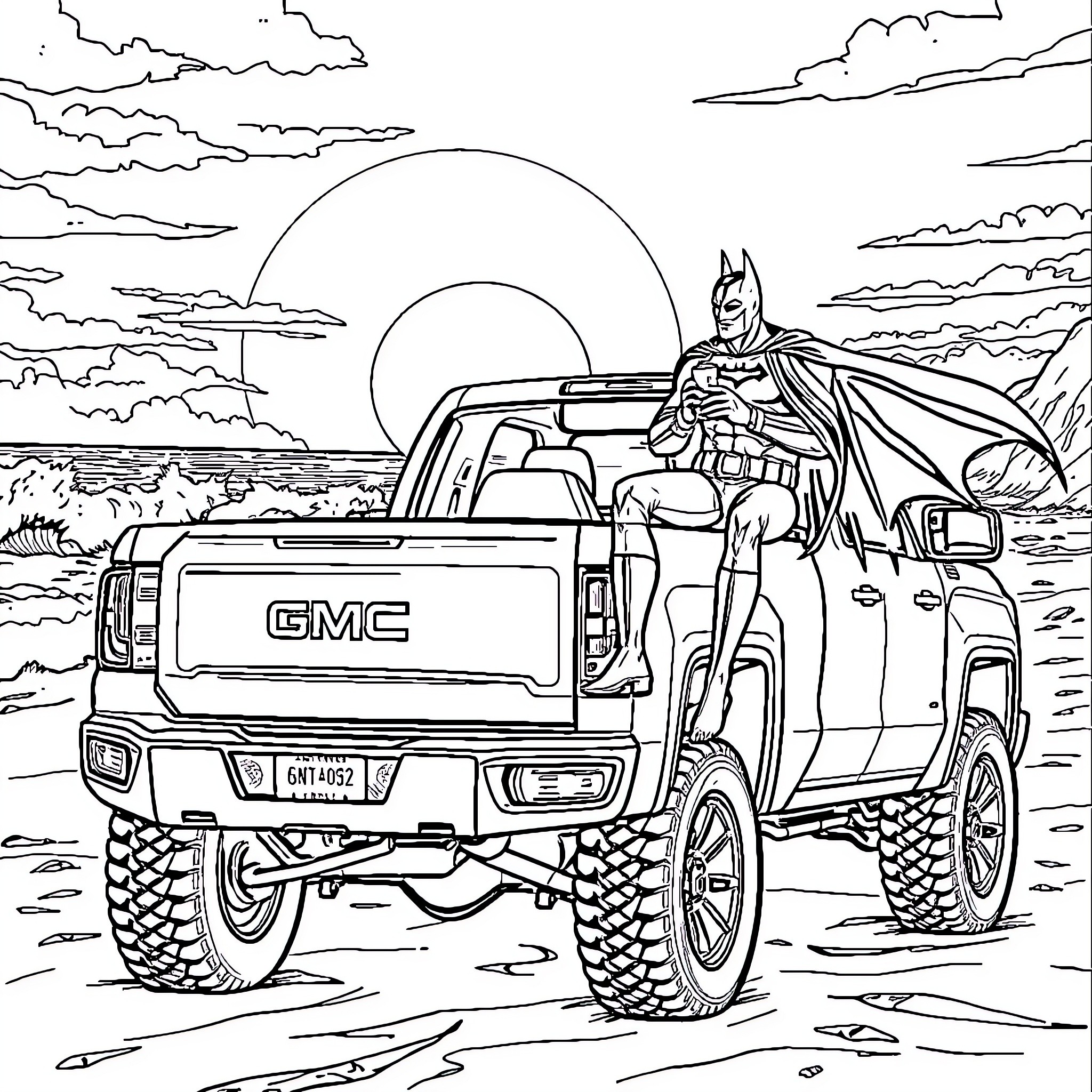 GMC Truck with Superhero in Rugged Outdoor Scene Coloring Page (free black-and-white line drawing printable PDF for all, from beginners to advanced learners, including children, teens, adults, and seniors)