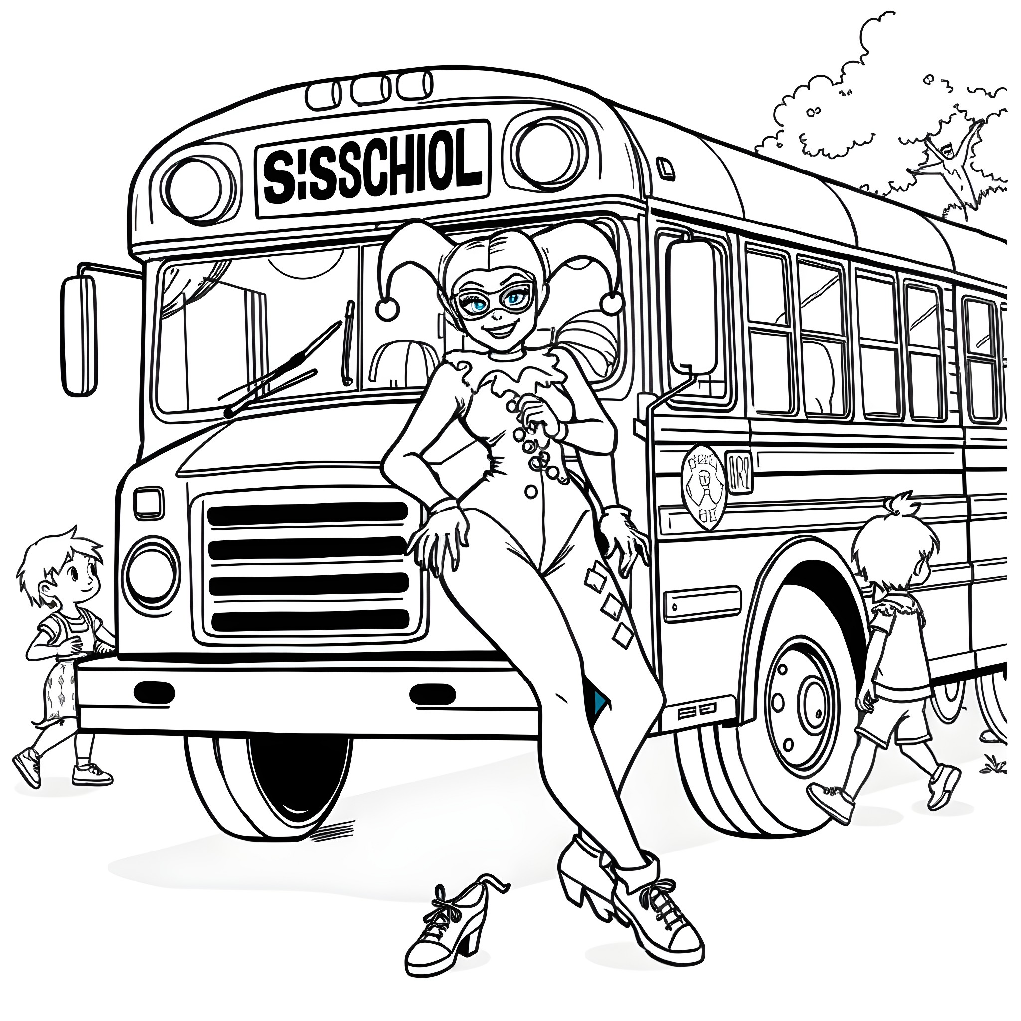 Harley Quinn's Playful School Bus Adventure Coloring Page (free black-and-white line drawing printable PDF for all, from beginners to advanced learners, including children, teens, adults, and seniors)