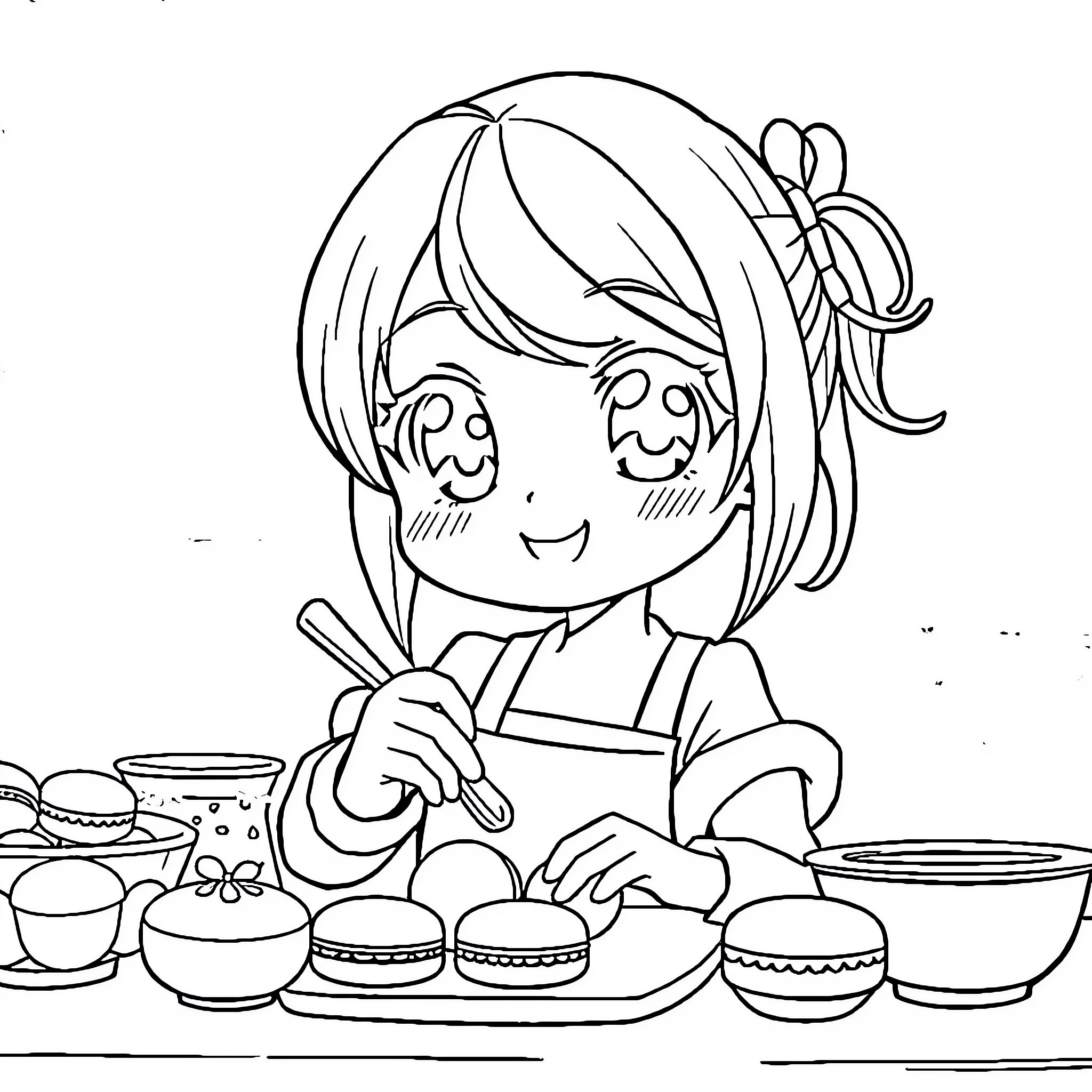 Anime Girl Baking and Decorating Desserts Coloring Page (free black-and-white line drawing printable PDF for all, from beginners to advanced learners, including children, teens, adults, and seniors)