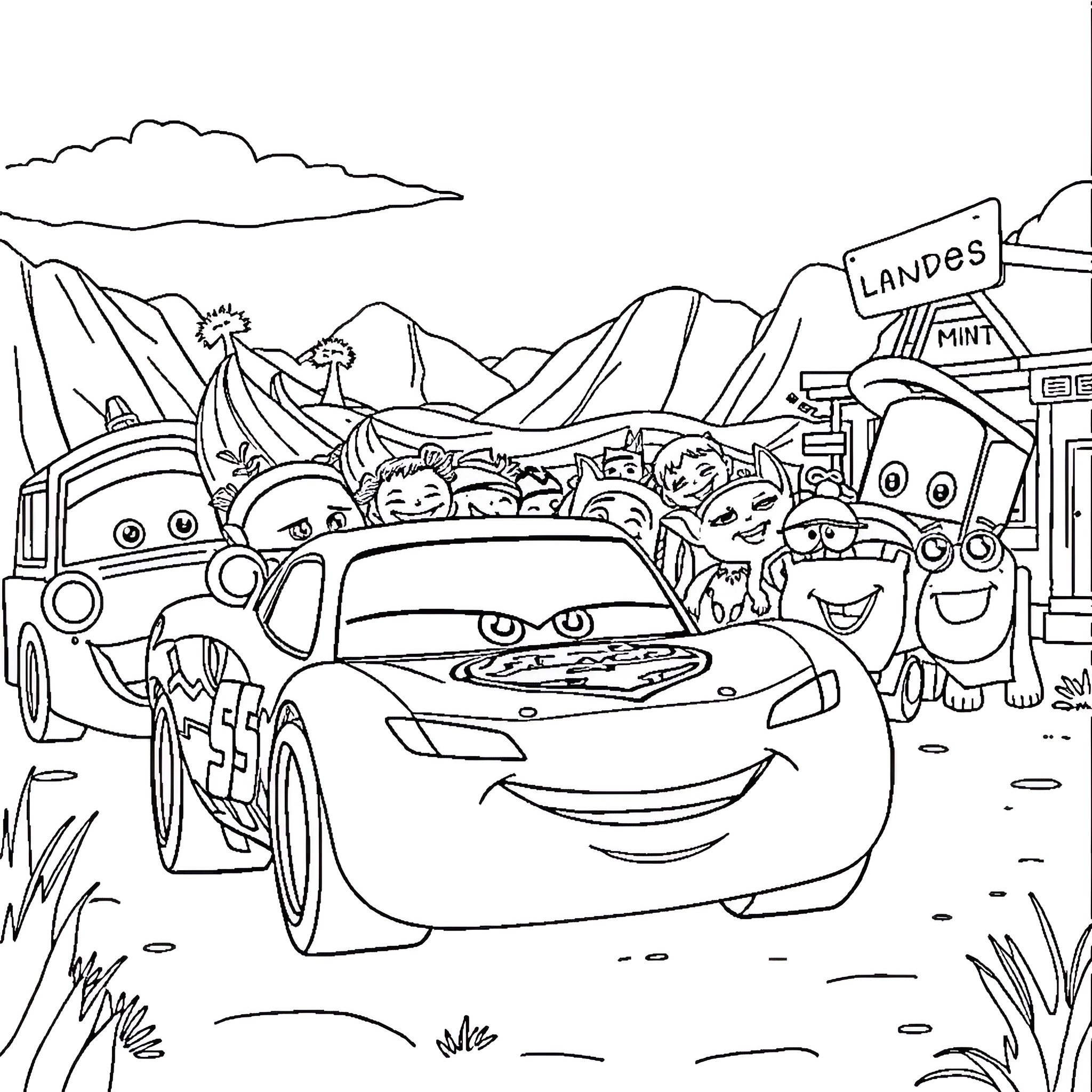 Lightning McQueen races through a lively Cars-themed landscape Coloring Page (free black-and-white line drawing printable PDF for all, from beginners to advanced learners, including children, teens, adults, and seniors)