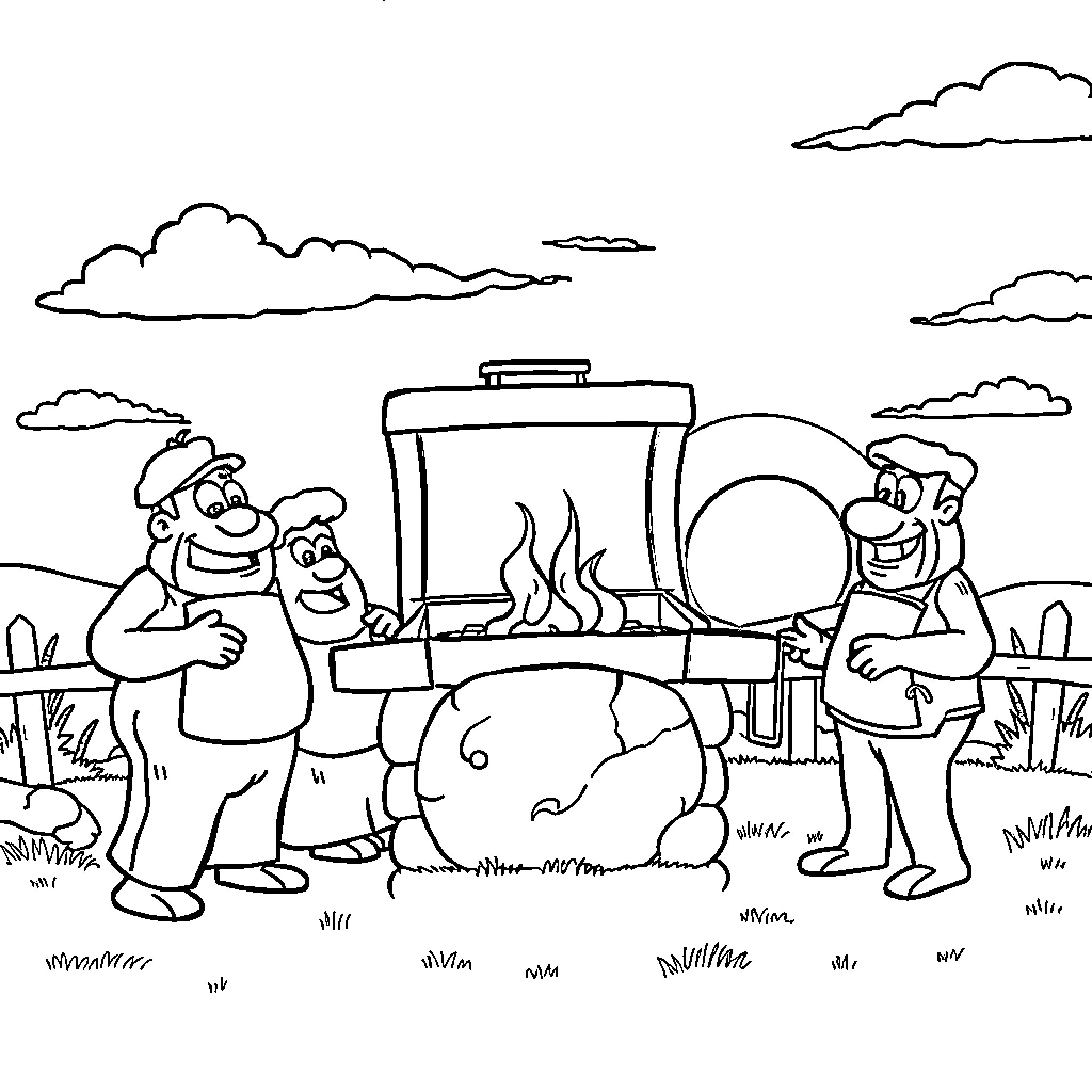 Flingstone characters enjoying a barbecue outdoors Coloring Page (free black-and-white line drawing printable PDF for all, from beginners to advanced learners, including children, teens, adults, and seniors)