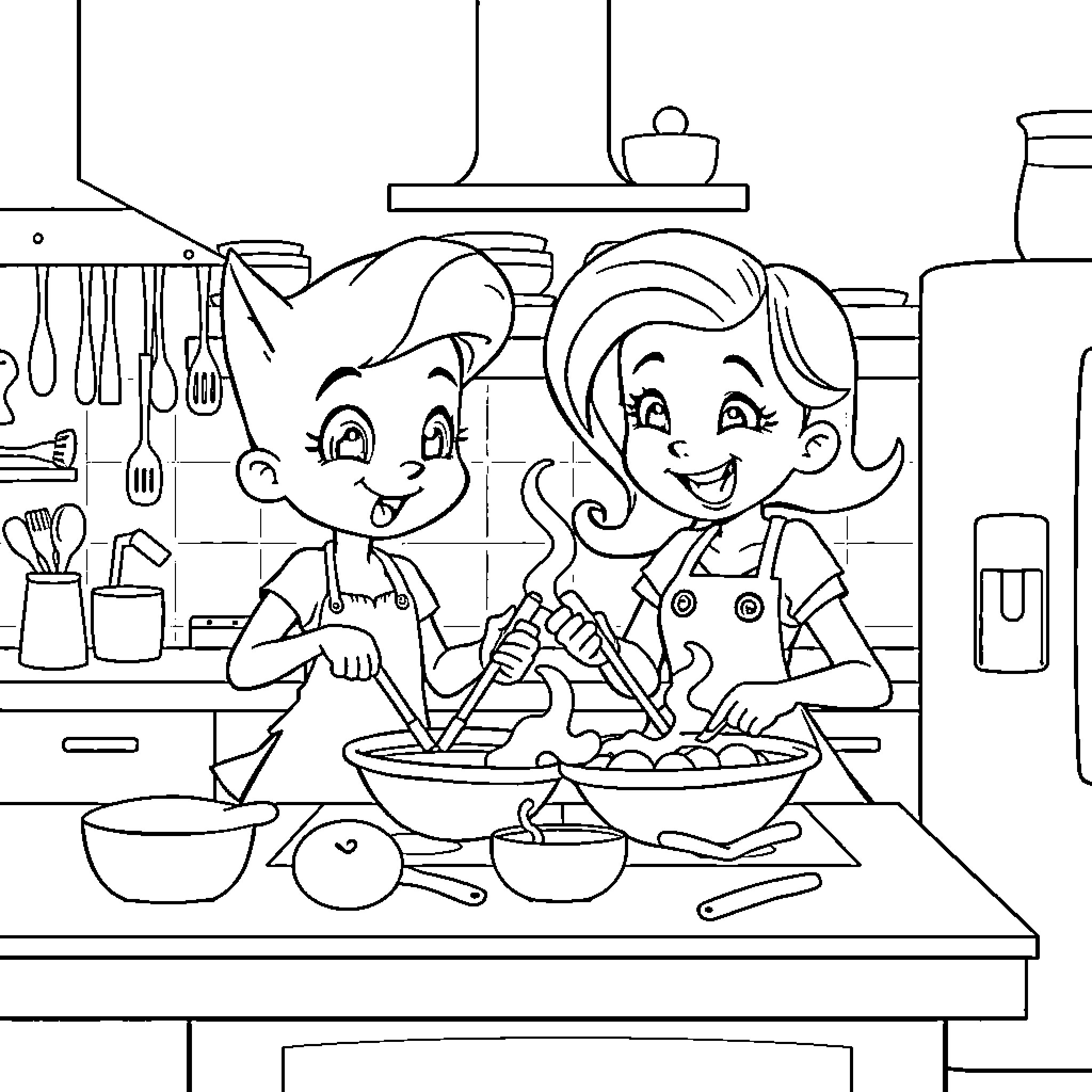 Bluey and friend cooking together in the kitchen Coloring Page (free black-and-white line drawing printable PDF for all, from beginners to advanced learners, including children, teens, adults, and seniors)