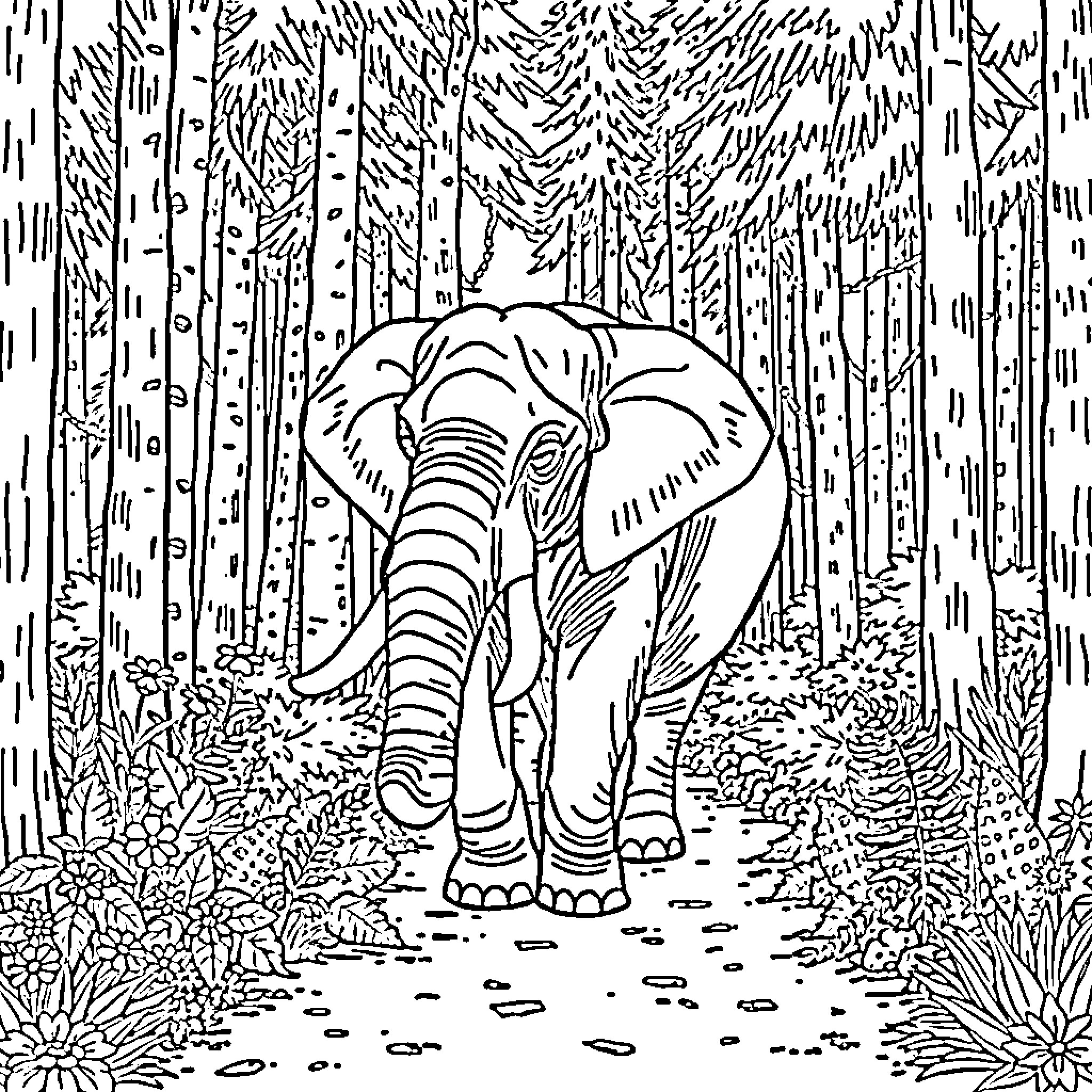 Elephant walking through the dense forest Coloring Page (free black-and-white line drawing printable PDF for all, from beginners to advanced learners, including children, teens, adults, and seniors)