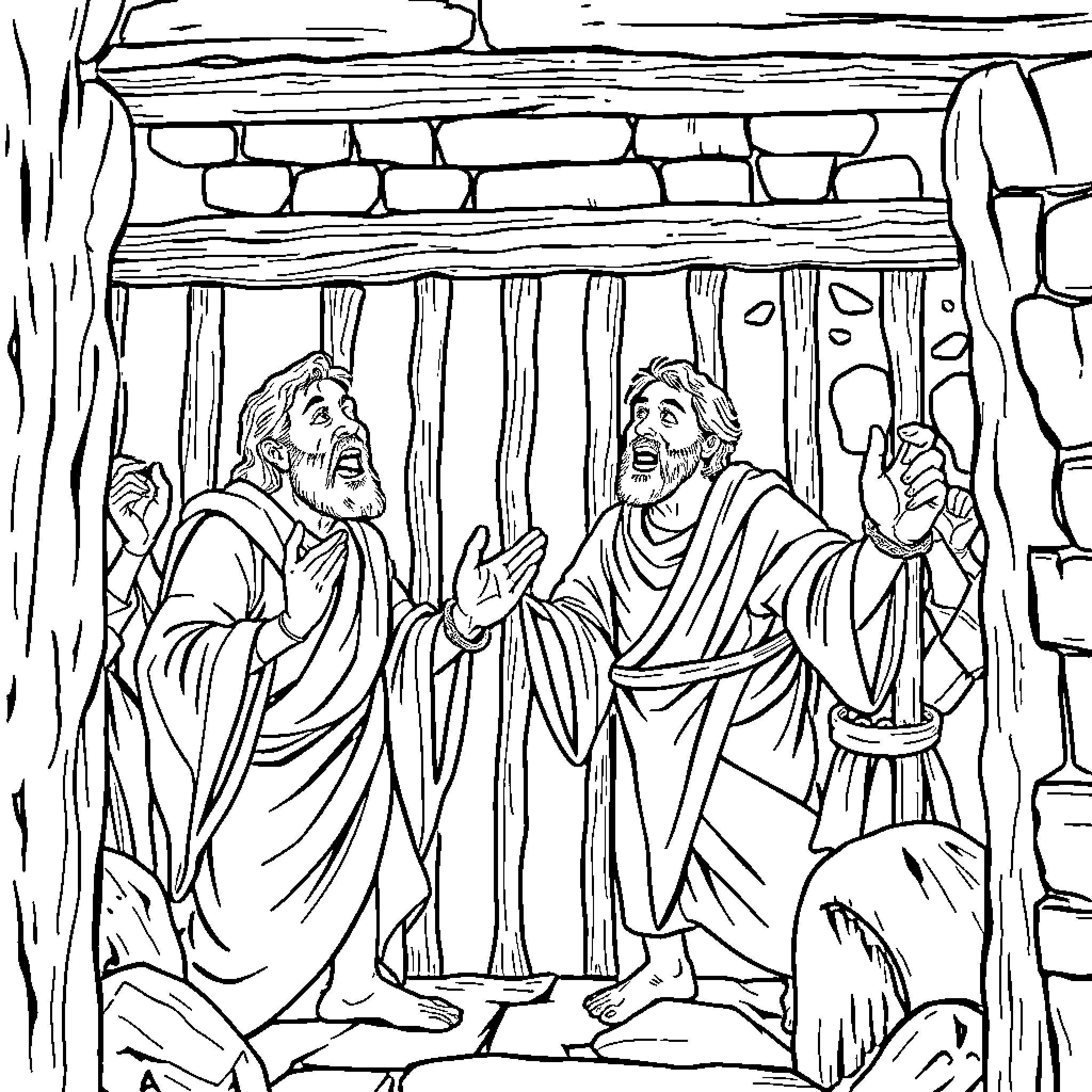 Paul preaching passionately to the people in a temple Coloring Page (free black-and-white line drawing printable PDF for all, from beginners to advanced learners, including children, teens, adults, and seniors)