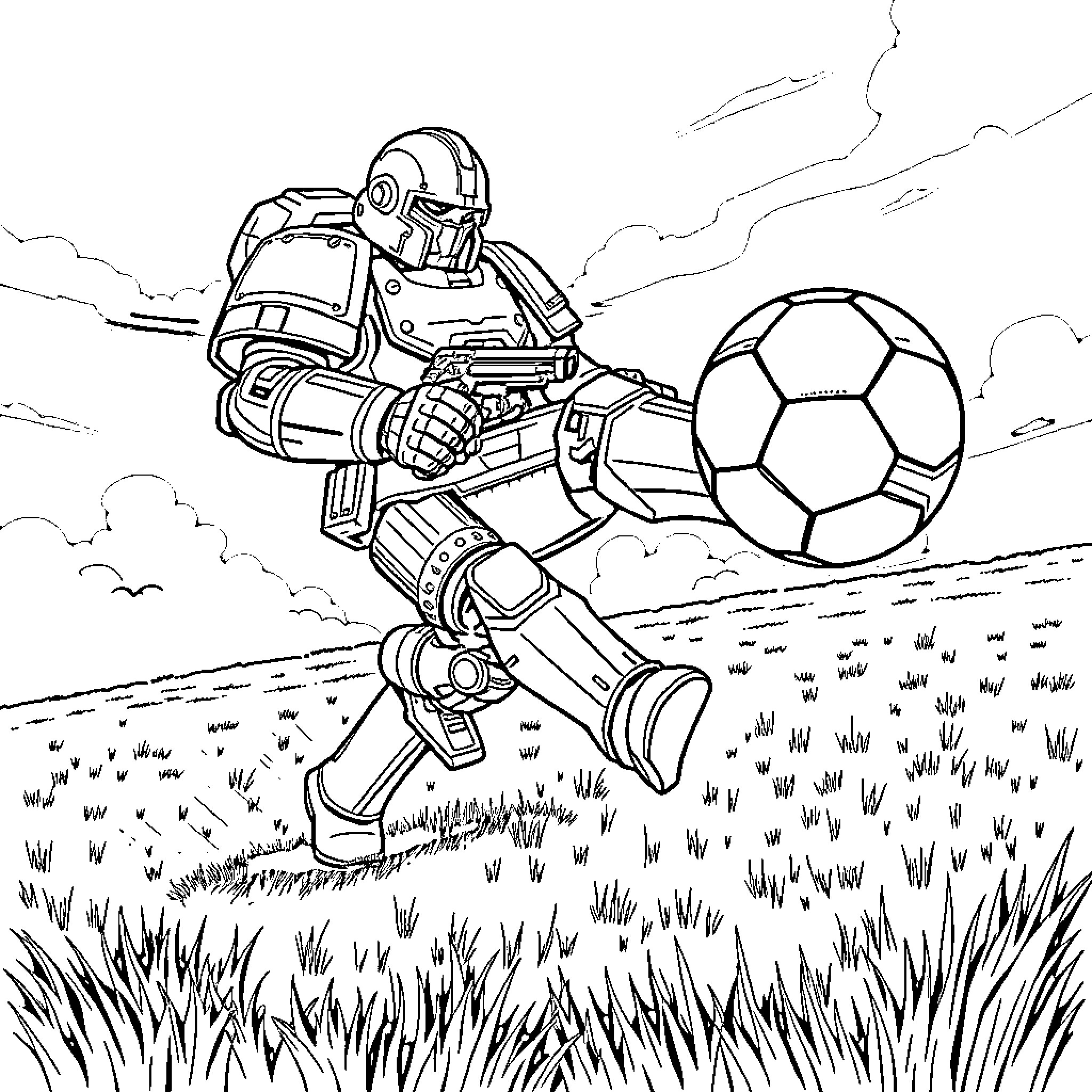 Space Marine Playing with Soccer Ball on Grassy Field Coloring Page (free black-and-white line drawing printable PDF for all, from beginners to advanced learners, including children, teens, adults, and seniors)