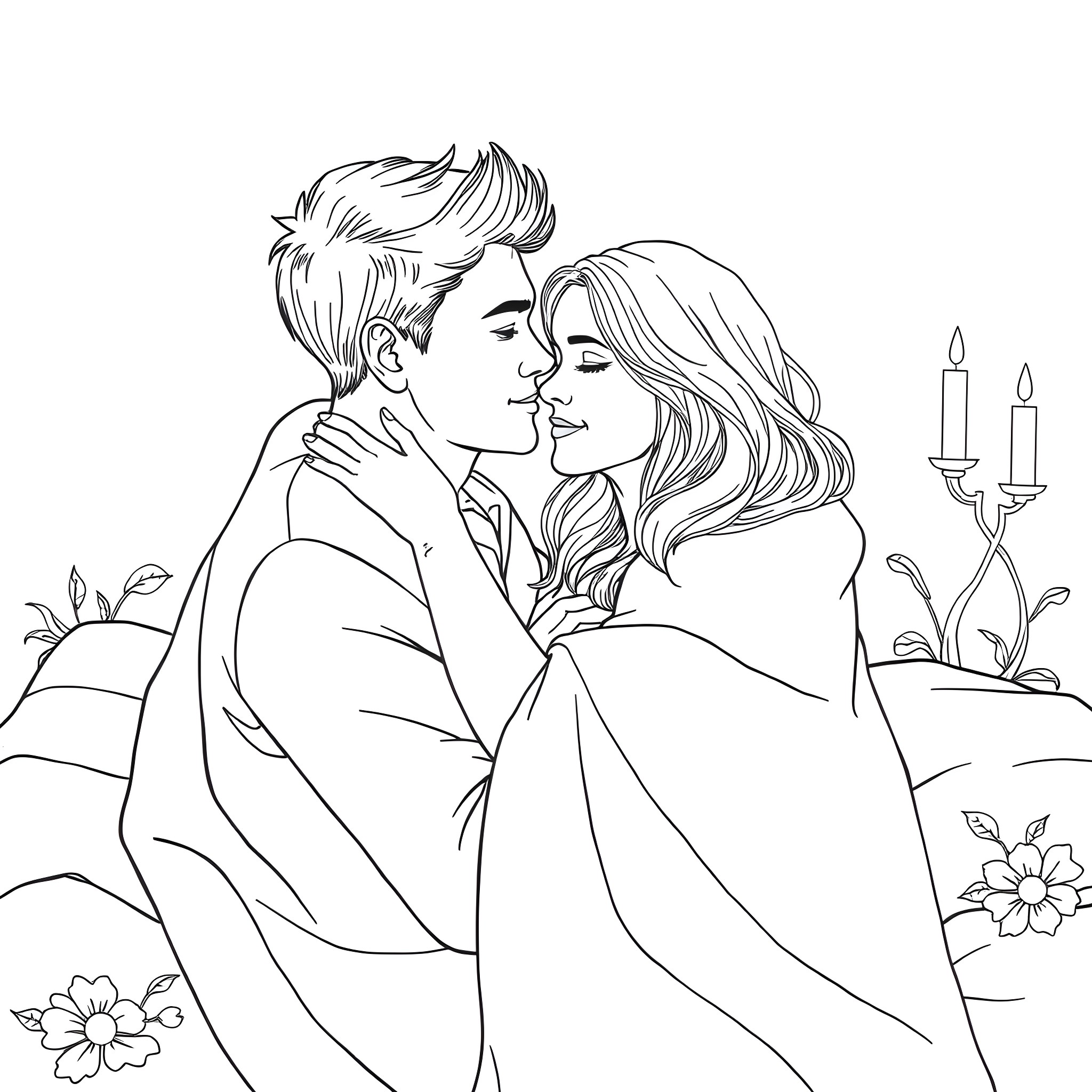 Couple embracing tenderly in romantic setting Coloring Page (free black-and-white line drawing printable PDF for all, from beginners to advanced learners, including children, teens, adults, and seniors)