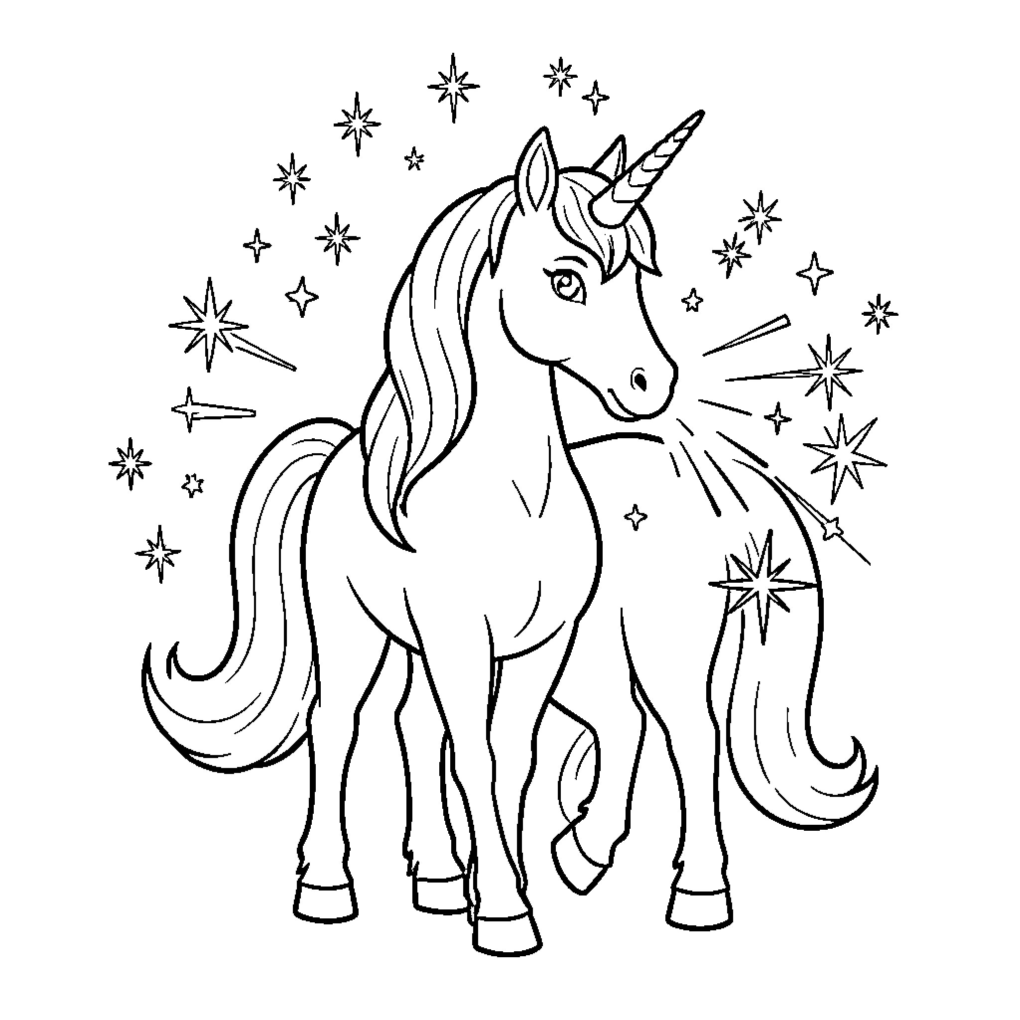 Unicorn standing amidst a magical field of stars Coloring Page (free black-and-white line drawing printable PDF for all, from beginners to advanced learners, including children, teens, adults, and seniors)