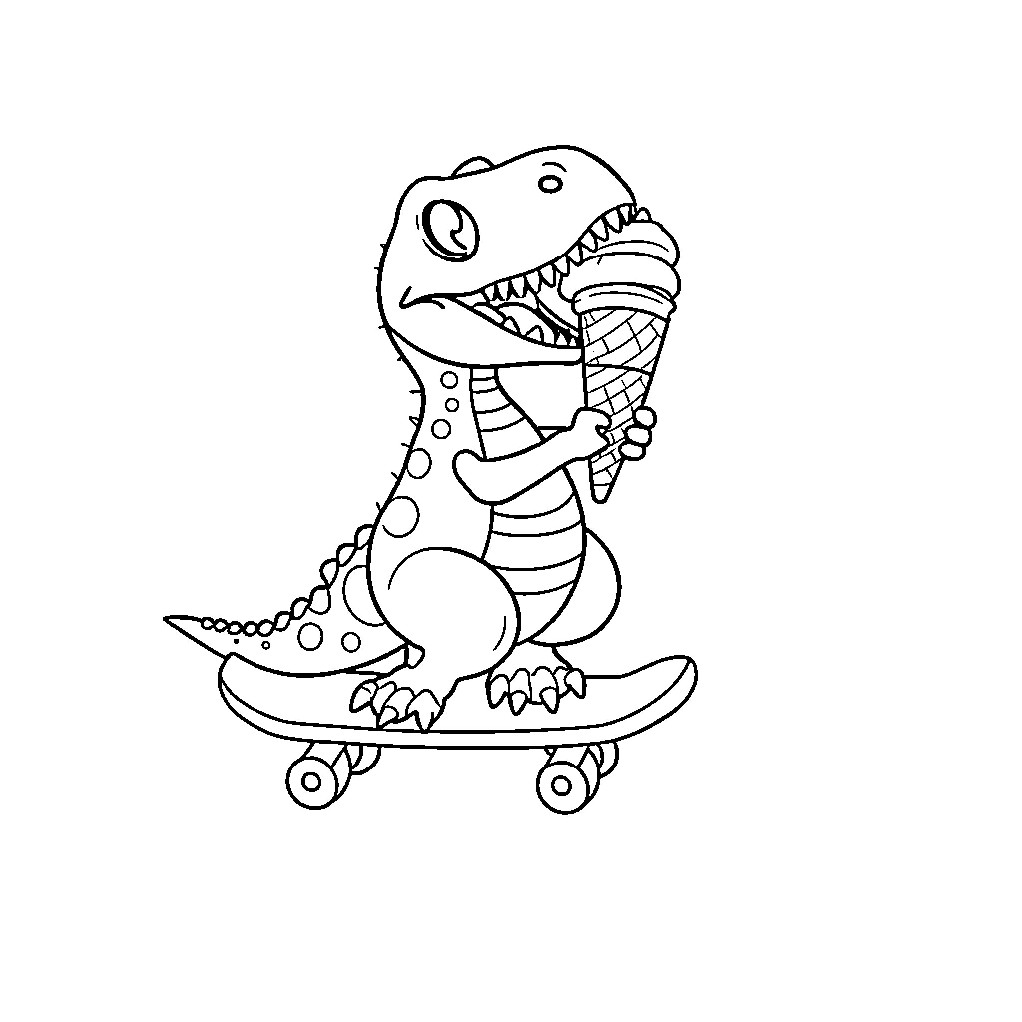 Dinosaur enjoying ice cream on skateboard Coloring Page (free black-and-white line drawing printable PDF for all, from beginners to advanced learners, including children, teens, adults, and seniors)