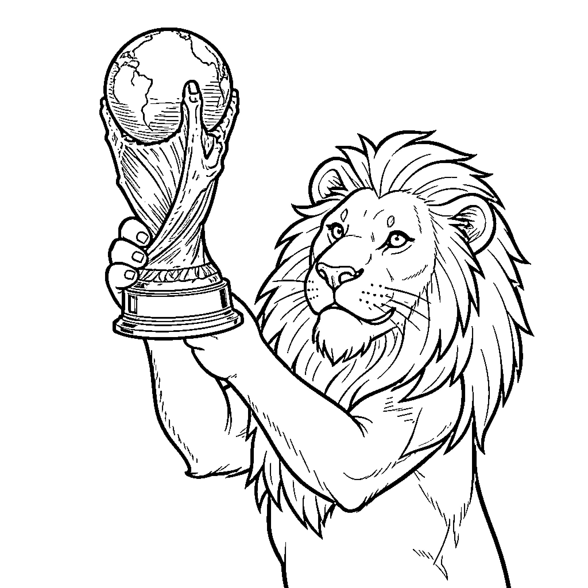 Lion proudly holding a trophy of the world Coloring Page (free black-and-white line drawing printable PDF for all, from beginners to advanced learners, including children, teens, adults, and seniors)