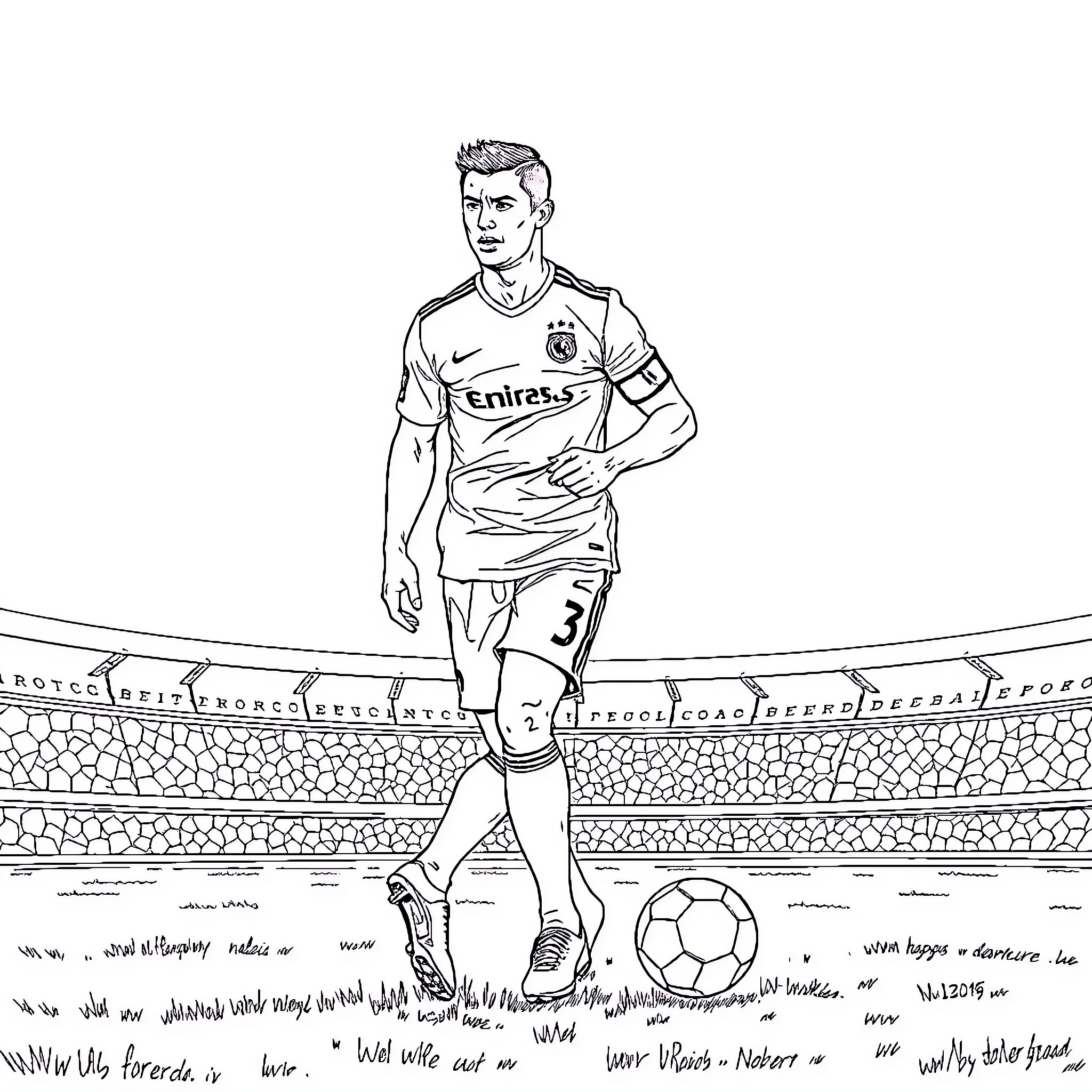 Cristiano Ronaldo playing football on the field Coloring Page (free black-and-white line drawing printable PDF for all, from beginners to advanced learners, including children, teens, adults, and seniors)