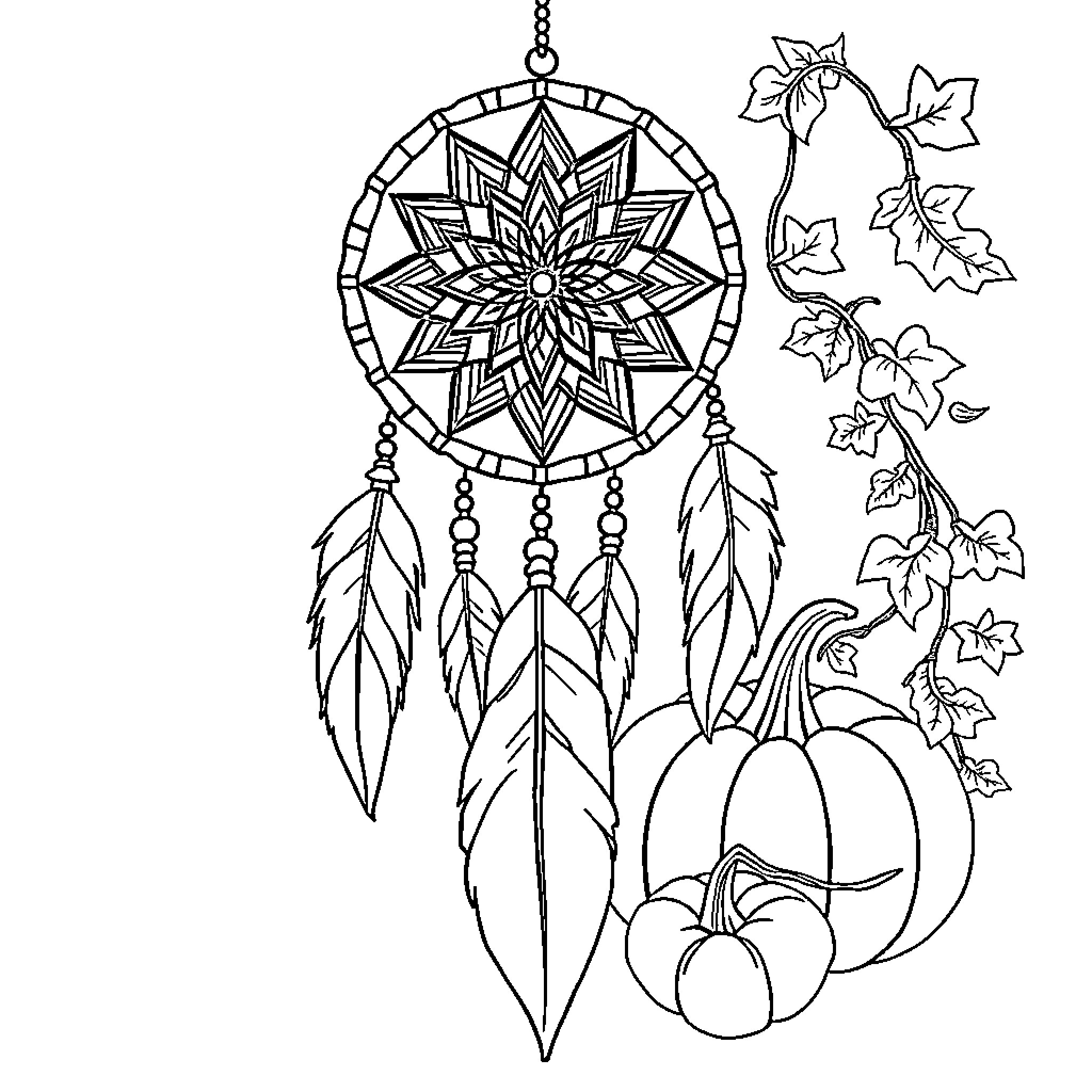 Dream Catcher with Autumn Decor Coloring Page (free black-and-white line drawing printable PDF for all, from beginners to advanced learners, including children, teens, adults, and seniors)