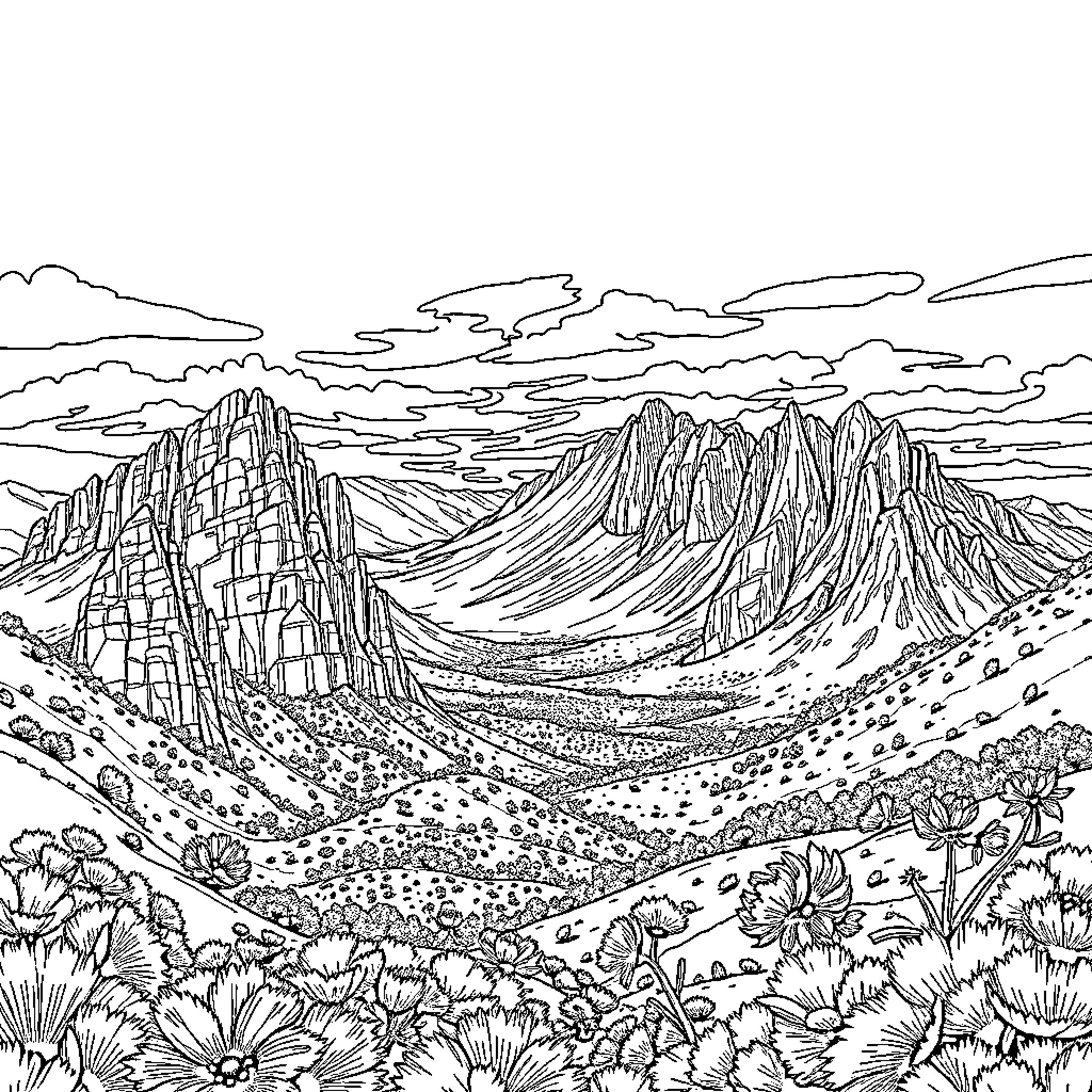 Book of Majestic Mountain Landscapes Coloring Page (free black-and-white line drawing printable PDF for all, from beginners to advanced learners, including children, teens, adults, and seniors)