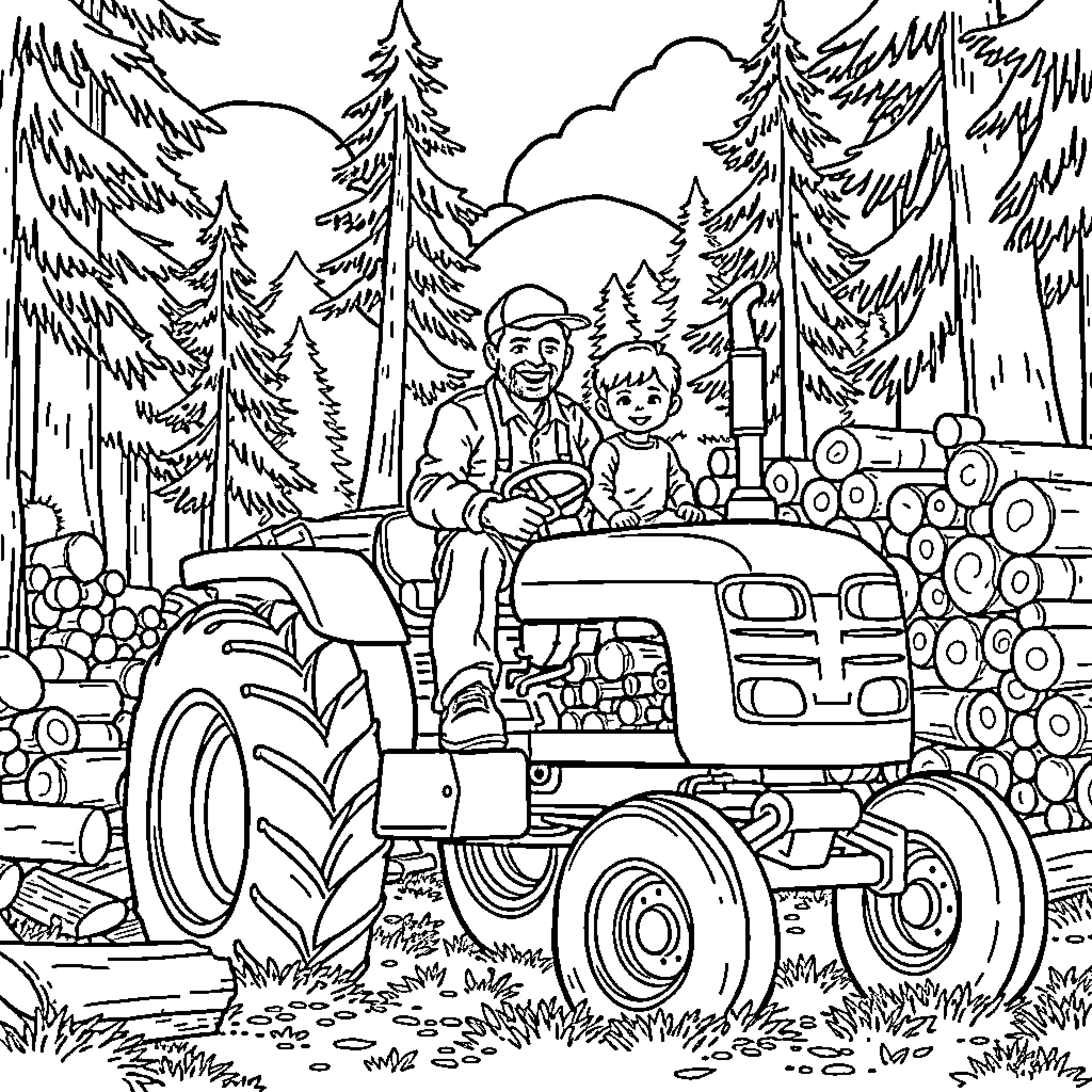 Tractor Hauling Logs through Snowy Forest with Passengers Coloring Page (free black-and-white line drawing printable PDF for all, from beginners to advanced learners, including children, teens, adults, and seniors)