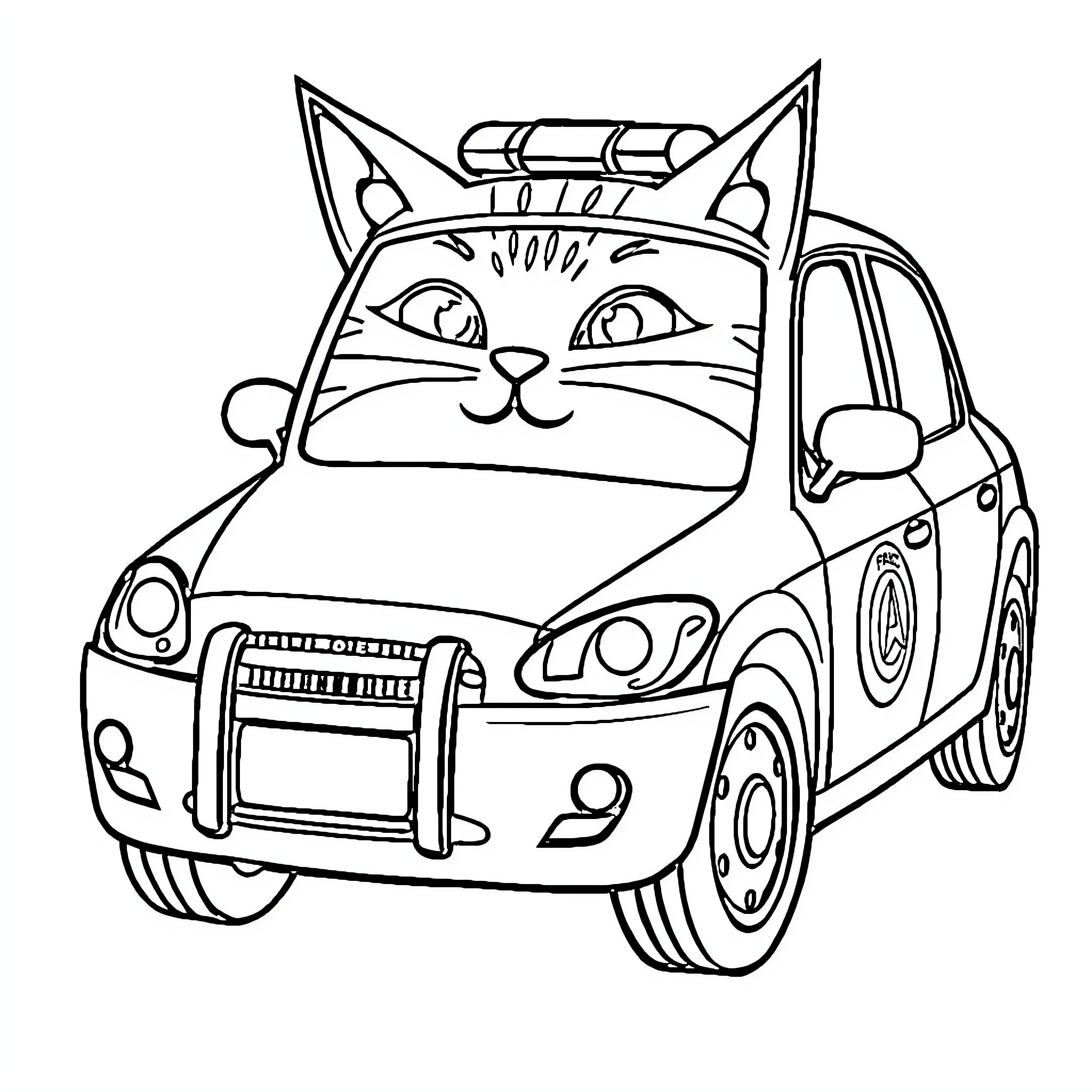 Police Car with Playful Cat Driving Coloring Page (free black-and-white line drawing printable PDF for all, from beginners to advanced learners, including children, teens, adults, and seniors)