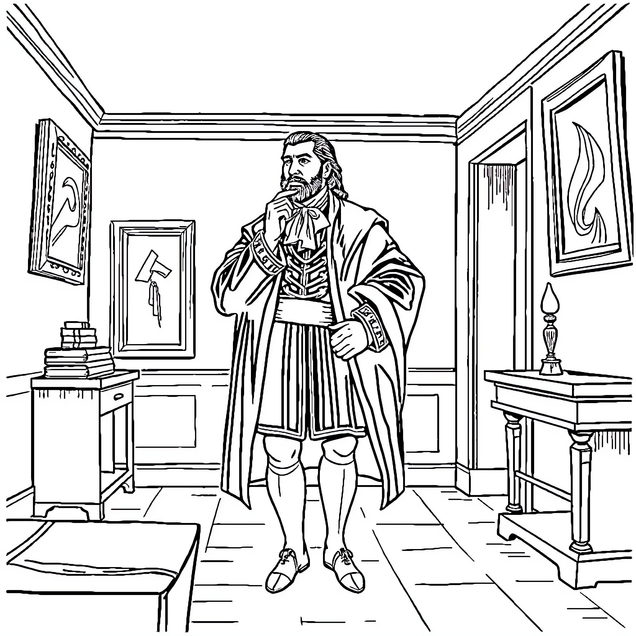 Miguel Hidalgo standing pensively in an ornate room Coloring Page (free black-and-white line drawing printable PDF for all, from beginners to advanced learners, including children, teens, adults, and seniors)