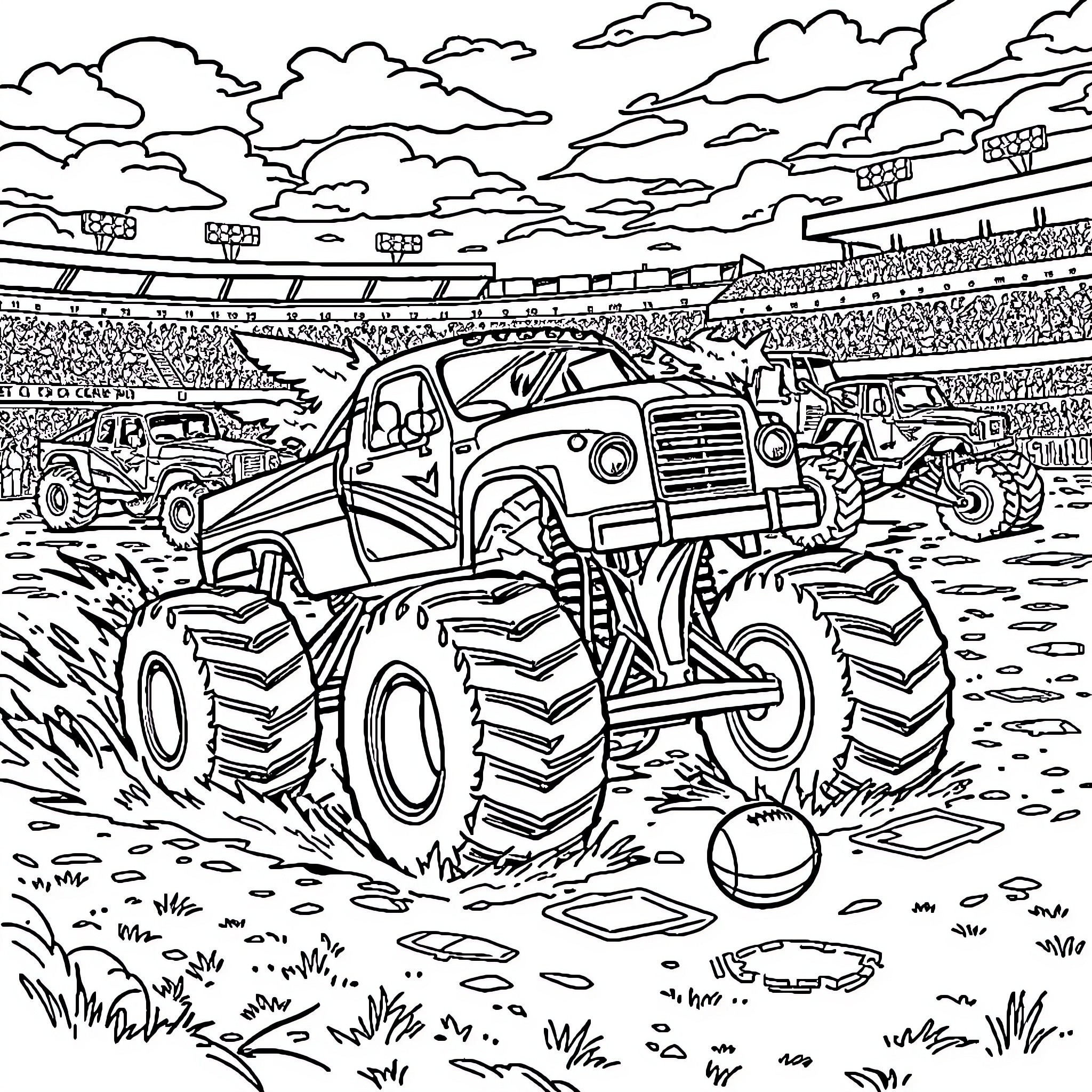 Monster Trucks Roaring in the Stadium Coloring Page (free black-and-white line drawing printable PDF for all, from beginners to advanced learners, including children, teens, adults, and seniors)