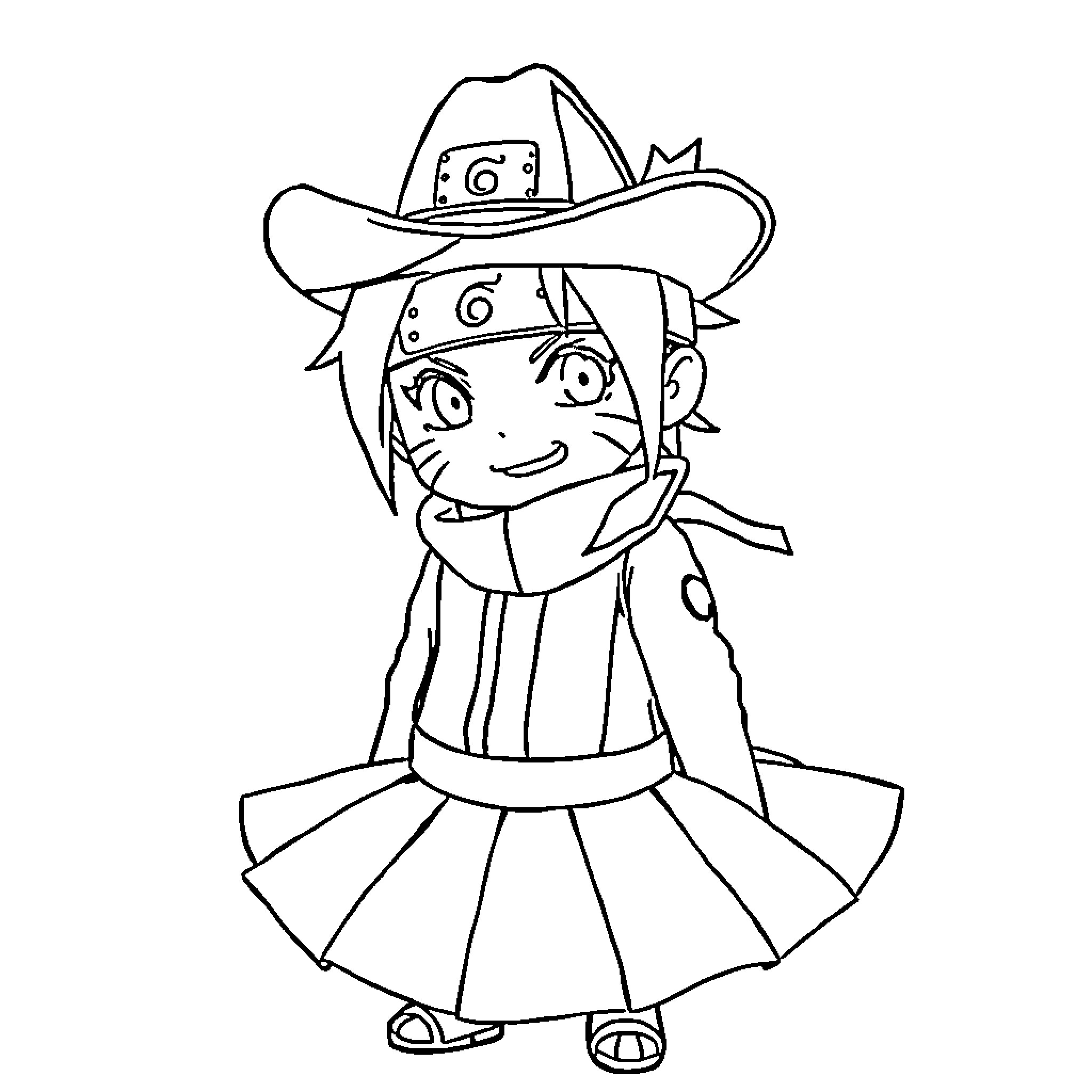 Naruto character in cowboy-inspired outfit Coloring Page (free black-and-white line drawing printable PDF for all, from beginners to advanced learners, including children, teens, adults, and seniors)