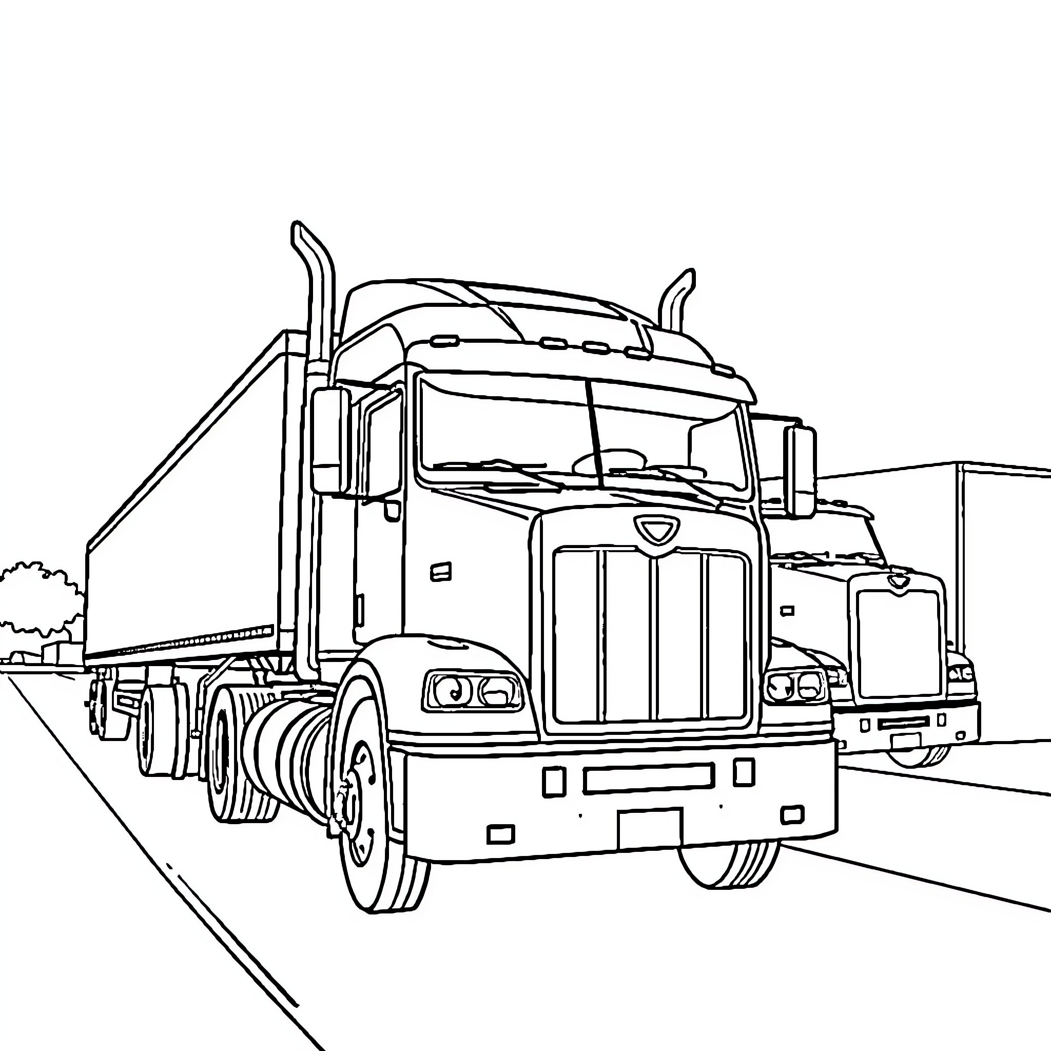 Camiones carrying cargo on the road Coloring Page (free black-and-white line drawing printable PDF for all, from beginners to advanced learners, including children, teens, adults, and seniors)
